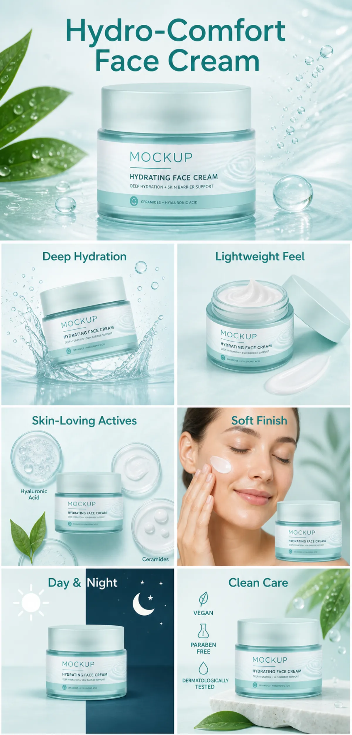 Hydro-Comfort Hydrating Face Cream Mockup Features｜AI Image Generation Prompts