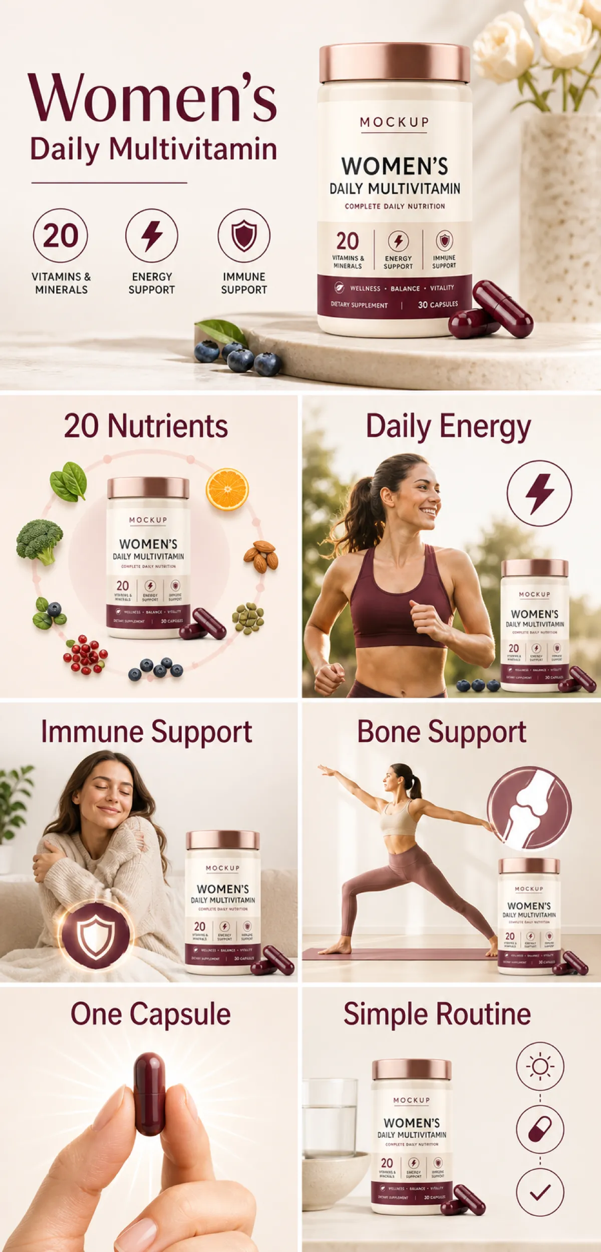 Women's Daily Multivitamin Supplement Benefits Infographic｜AI Image Generation Prompts
