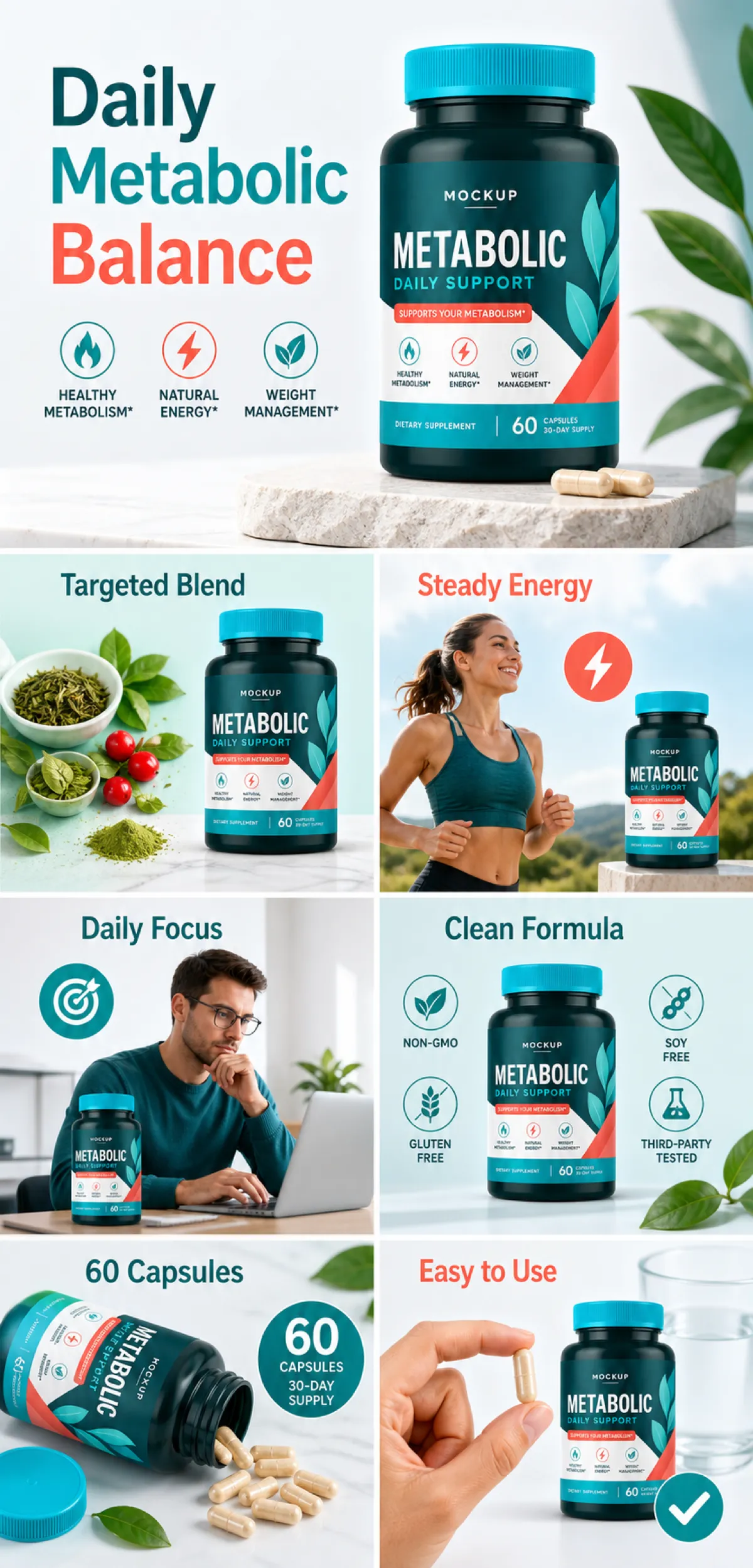 Metabolic Daily Support Supplement Bottle Mockup｜AI Image Generation Prompts