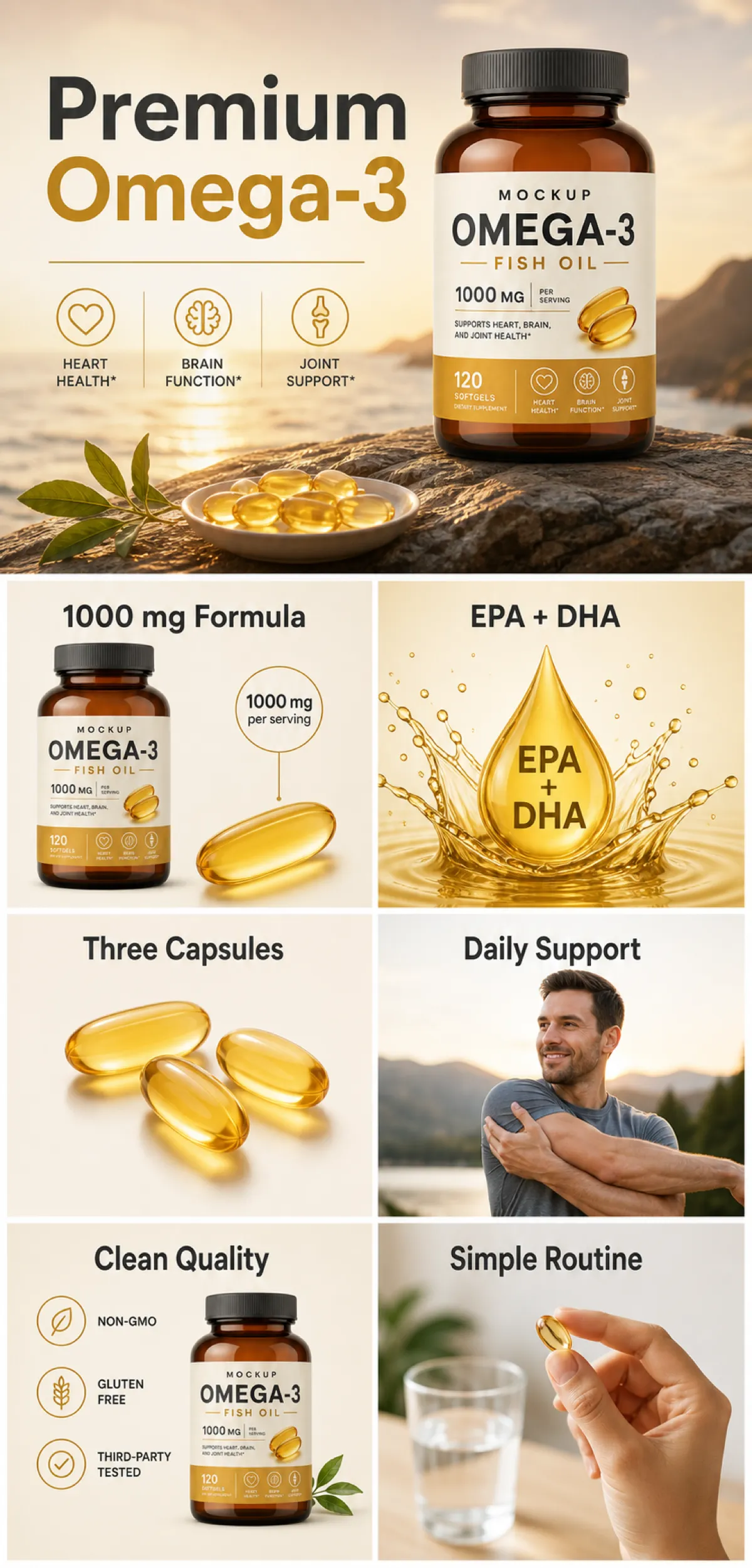 Premium Omega-3 Fish Oil Supplement Bottle Mockup｜AI Image Generation Prompts