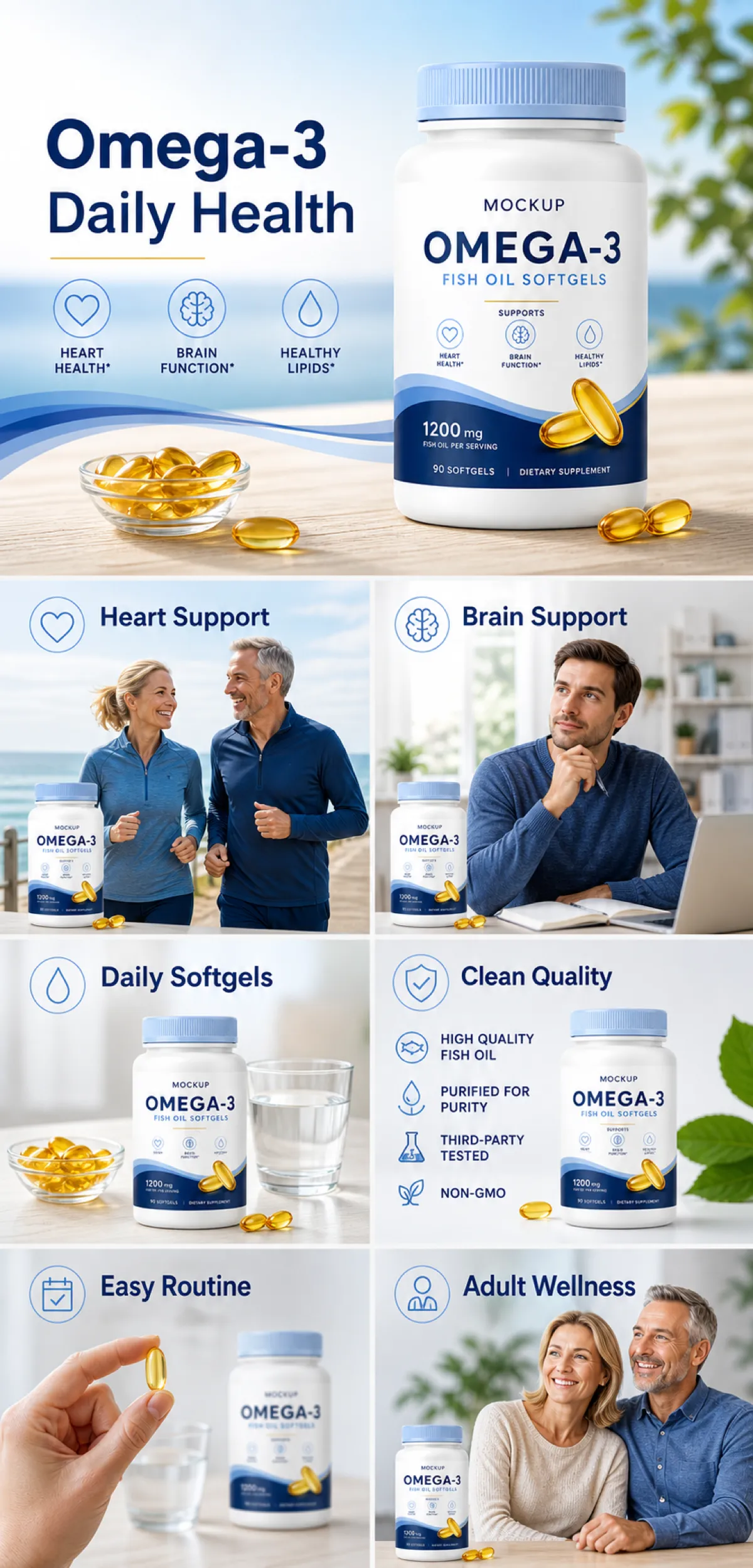 Omega-3 Fish Oil Softgels Daily Health Benefits｜AI Image Generation Prompts