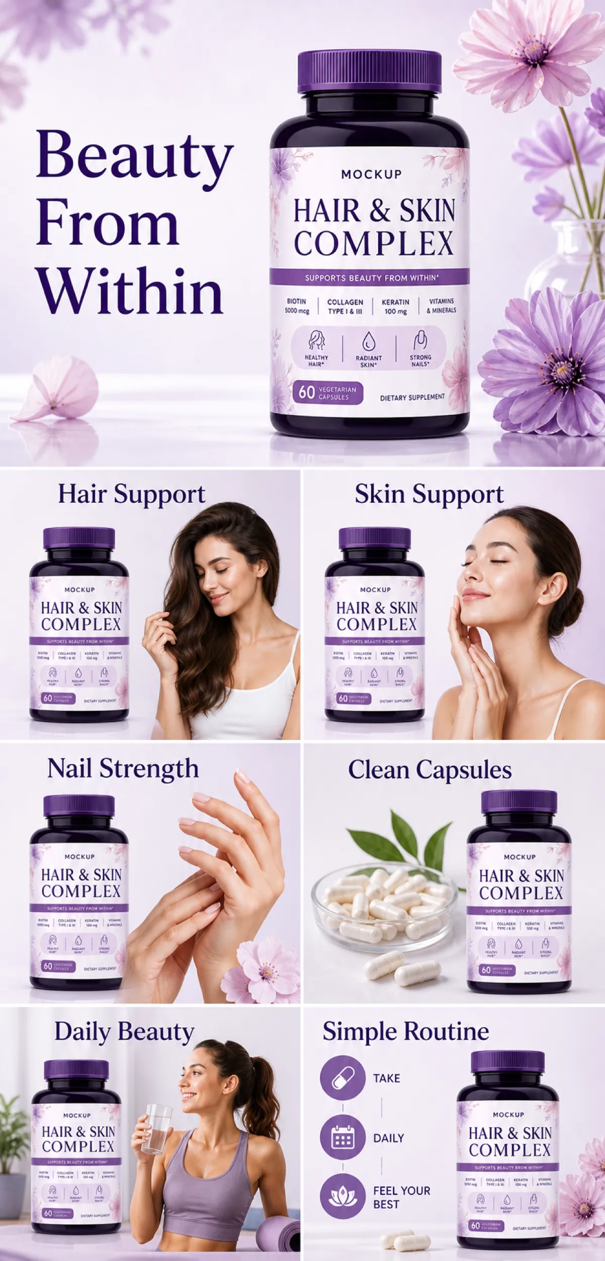 Hair and Skin Complex Supplement Bottle Mockup｜AI Image Generation Prompts