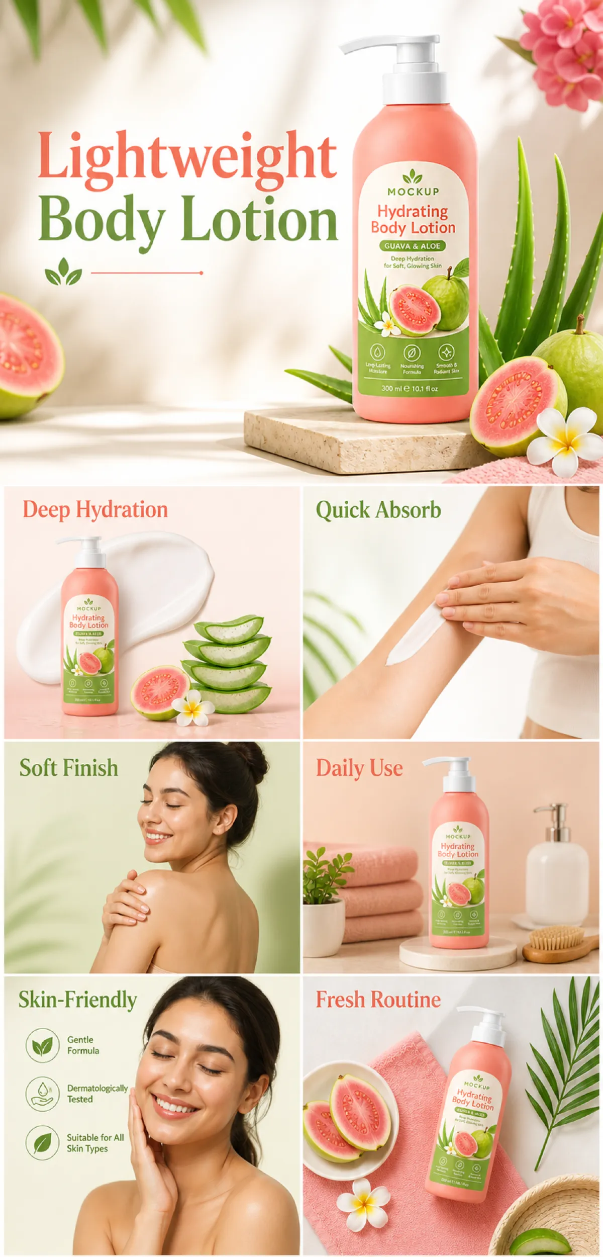 Lightweight Hydrating Body Lotion Mockup with Guava｜AI Image Generation Prompts