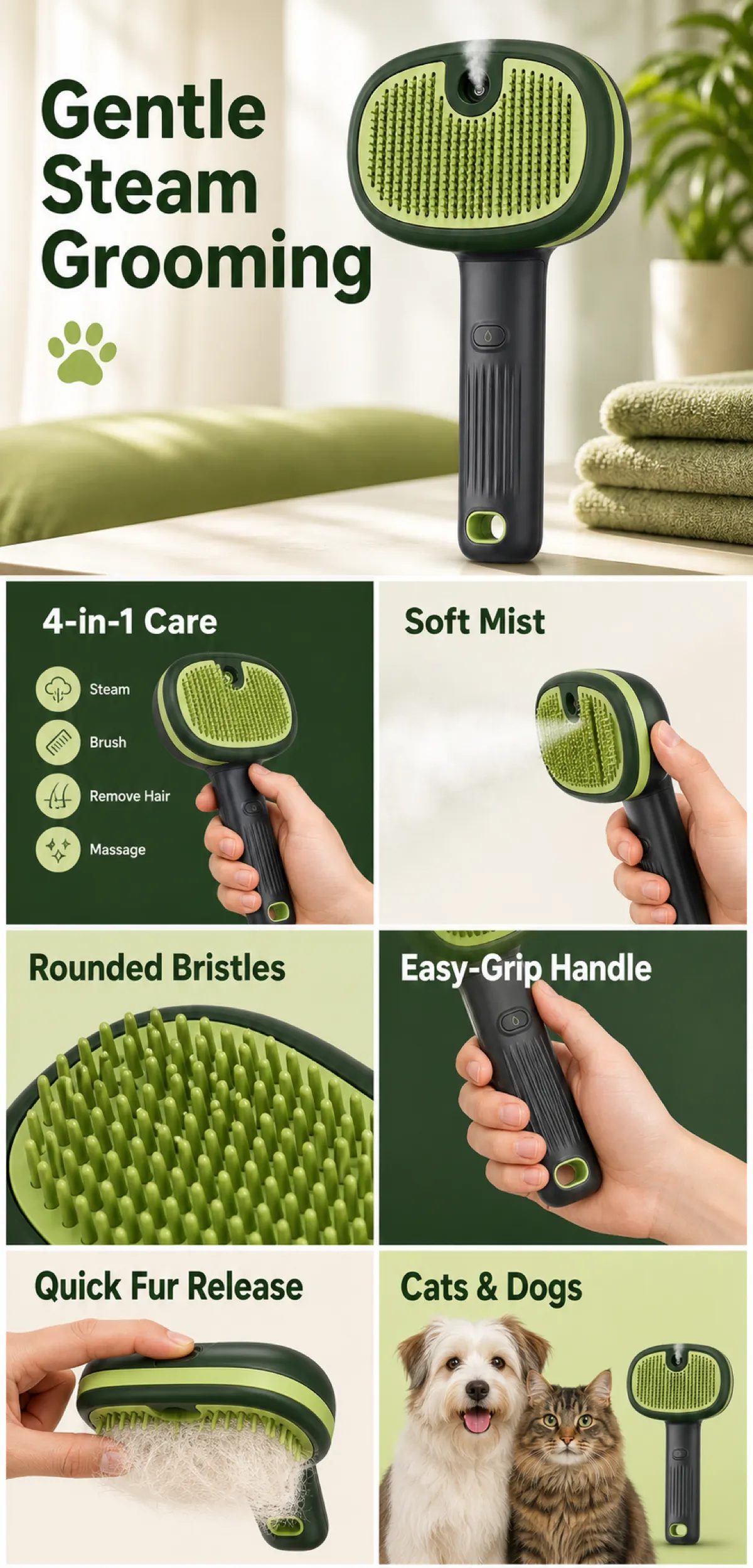 Gentle Steam Pet Grooming Brush for Cats and Dogs｜AI Image Generation Prompts