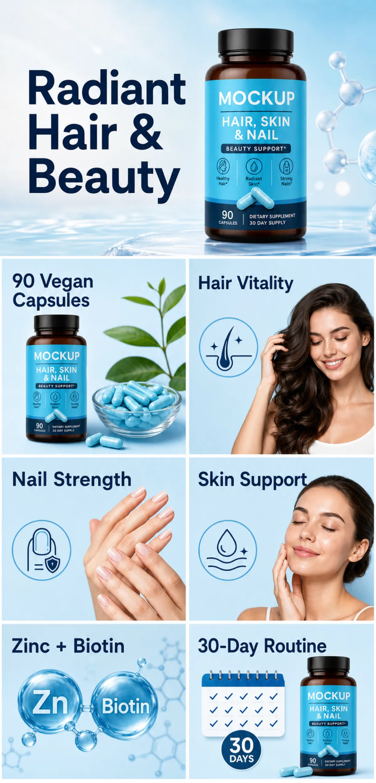 Radiant Hair Skin and Nail Beauty Supplement Bottle｜AI Image Generation Prompts