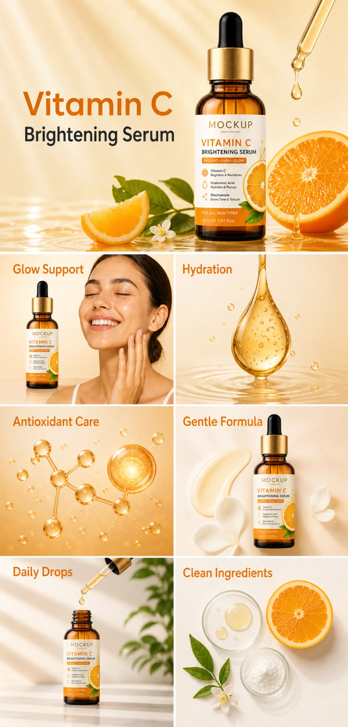 Vitamin C Brightening Serum Mockup with Orange｜AI Image Generation Prompts