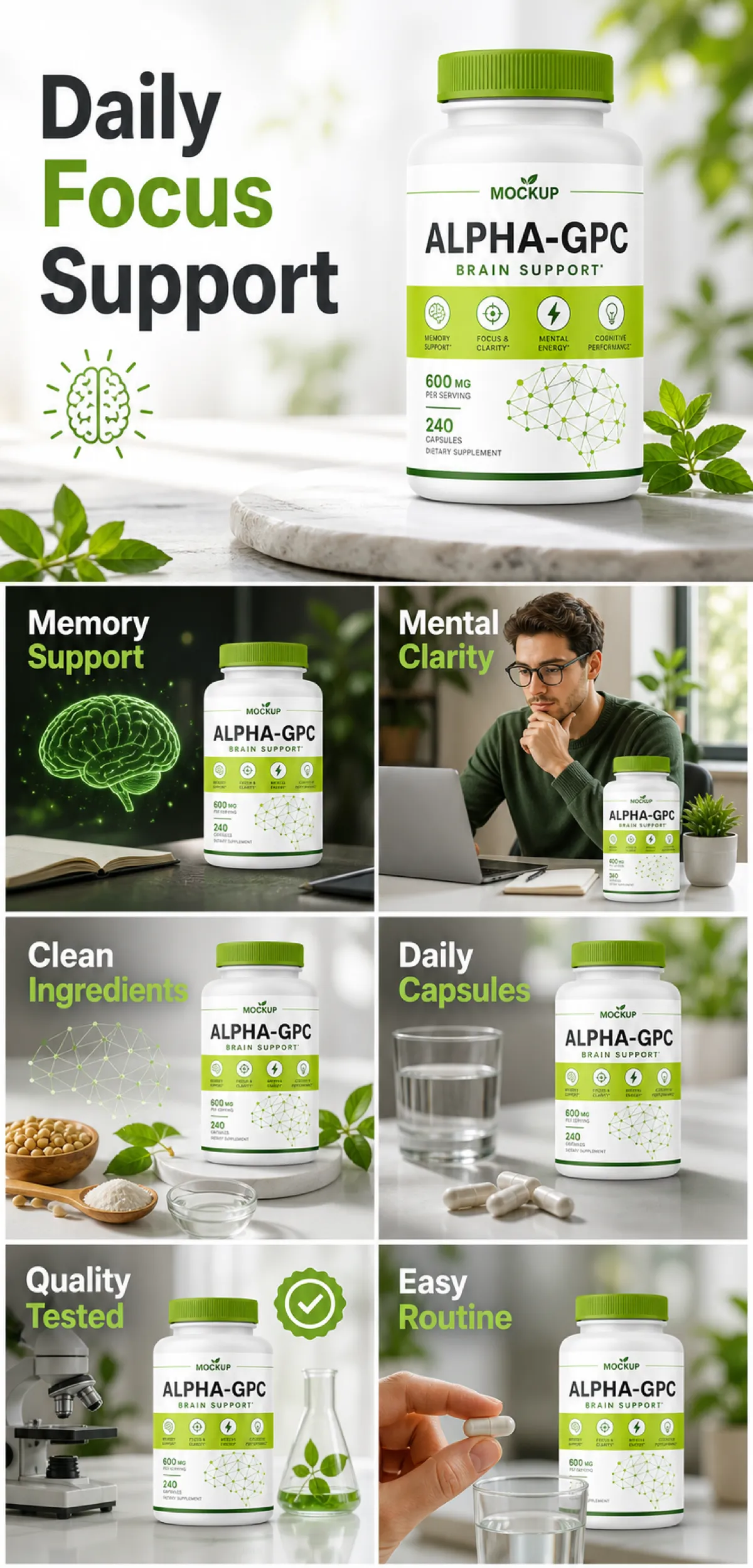 Alpha-GPC Brain Support Supplement Bottle Mockup｜AI Image Generation Prompts