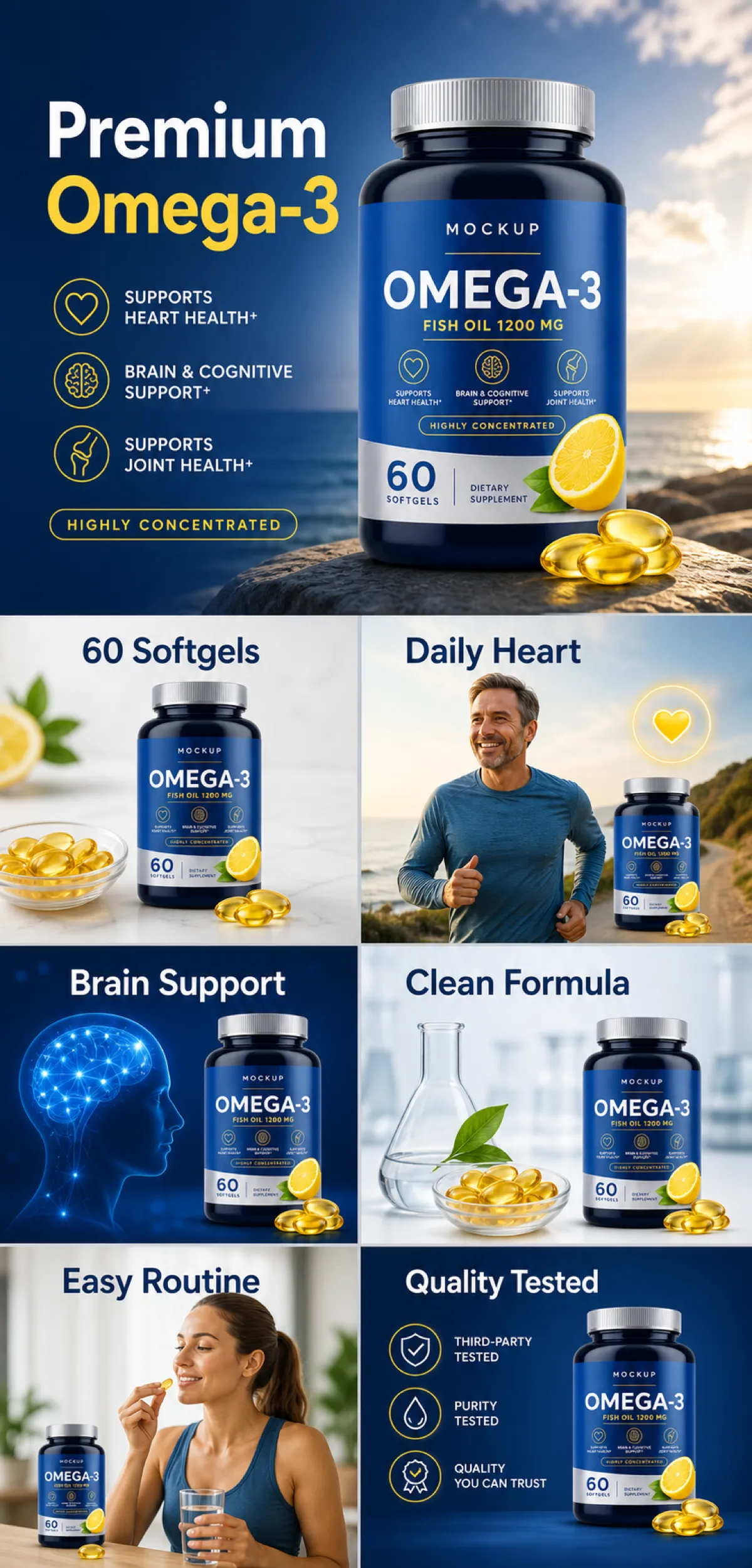 Premium Omega-3 Fish Oil Supplement Bottle Mockup｜AI Image Generation Prompts