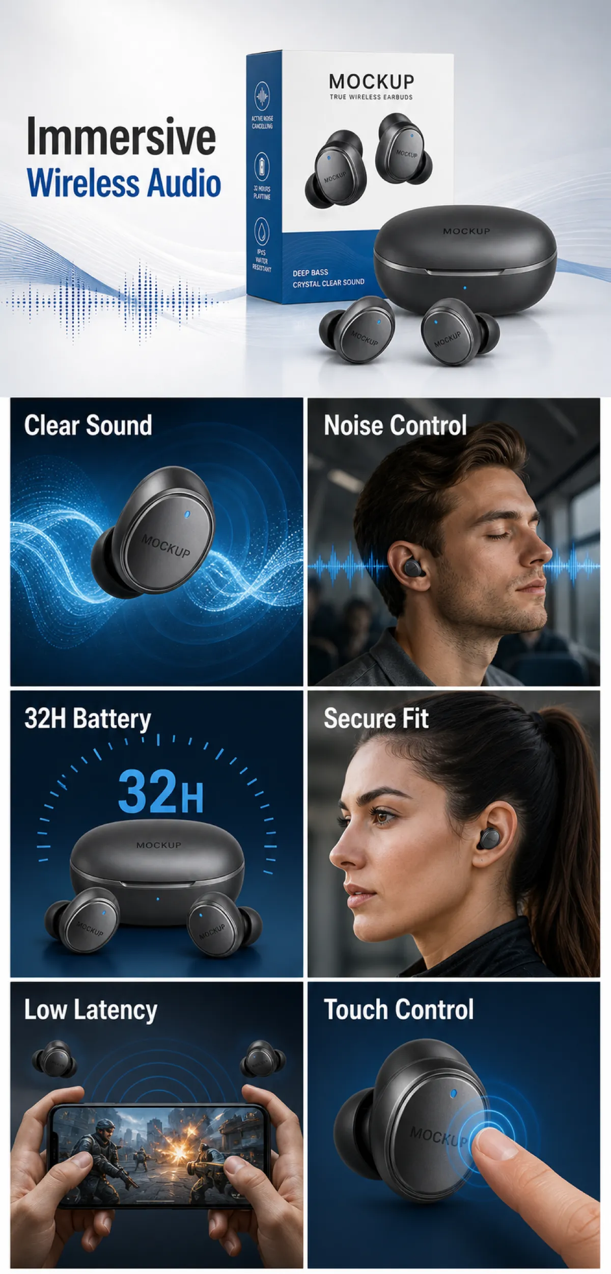 True Wireless Earbuds Mockup Features｜AI Image Generation Prompts