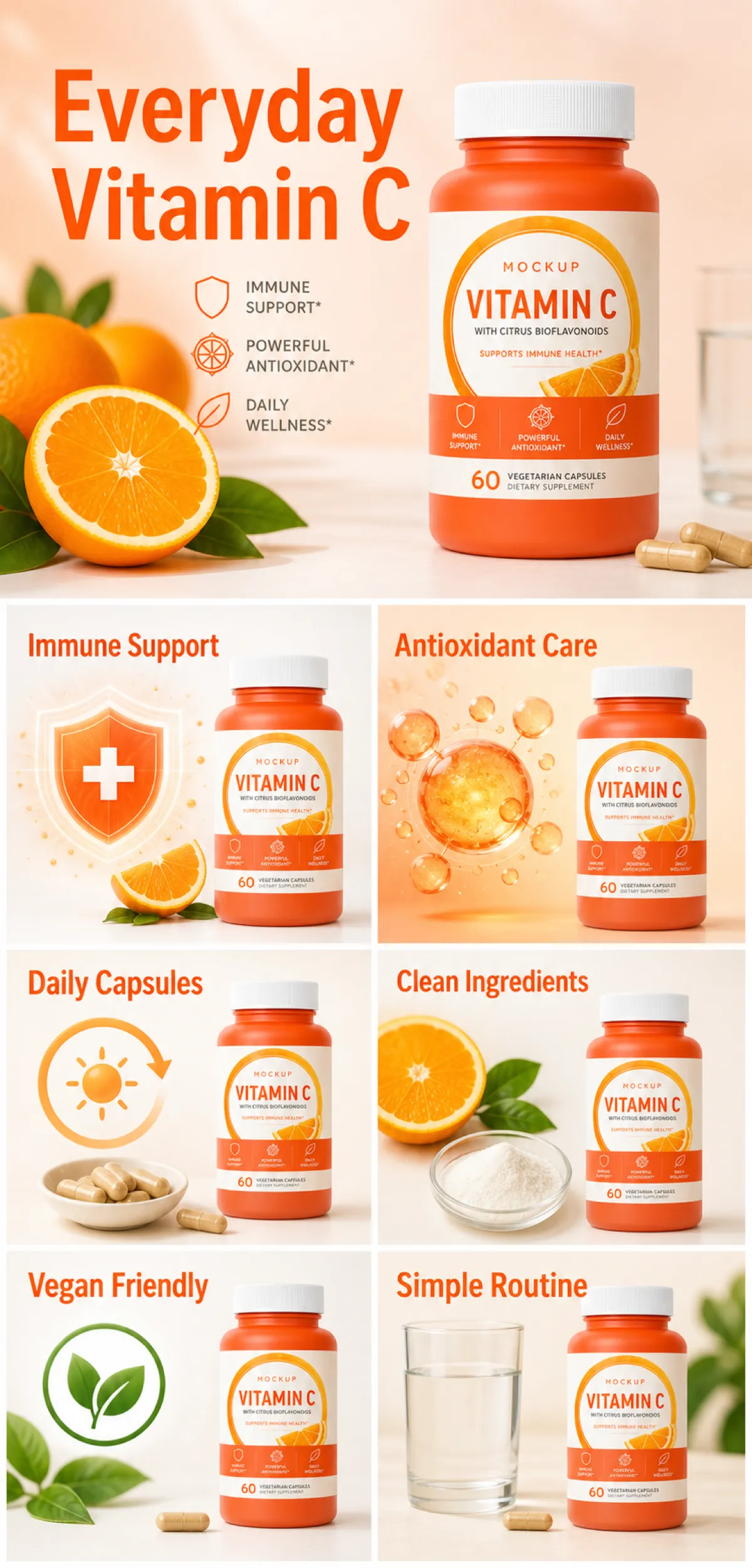 Everyday Vitamin C Supplement Bottle Mockup with Oranges｜AI Image Generation Prompts