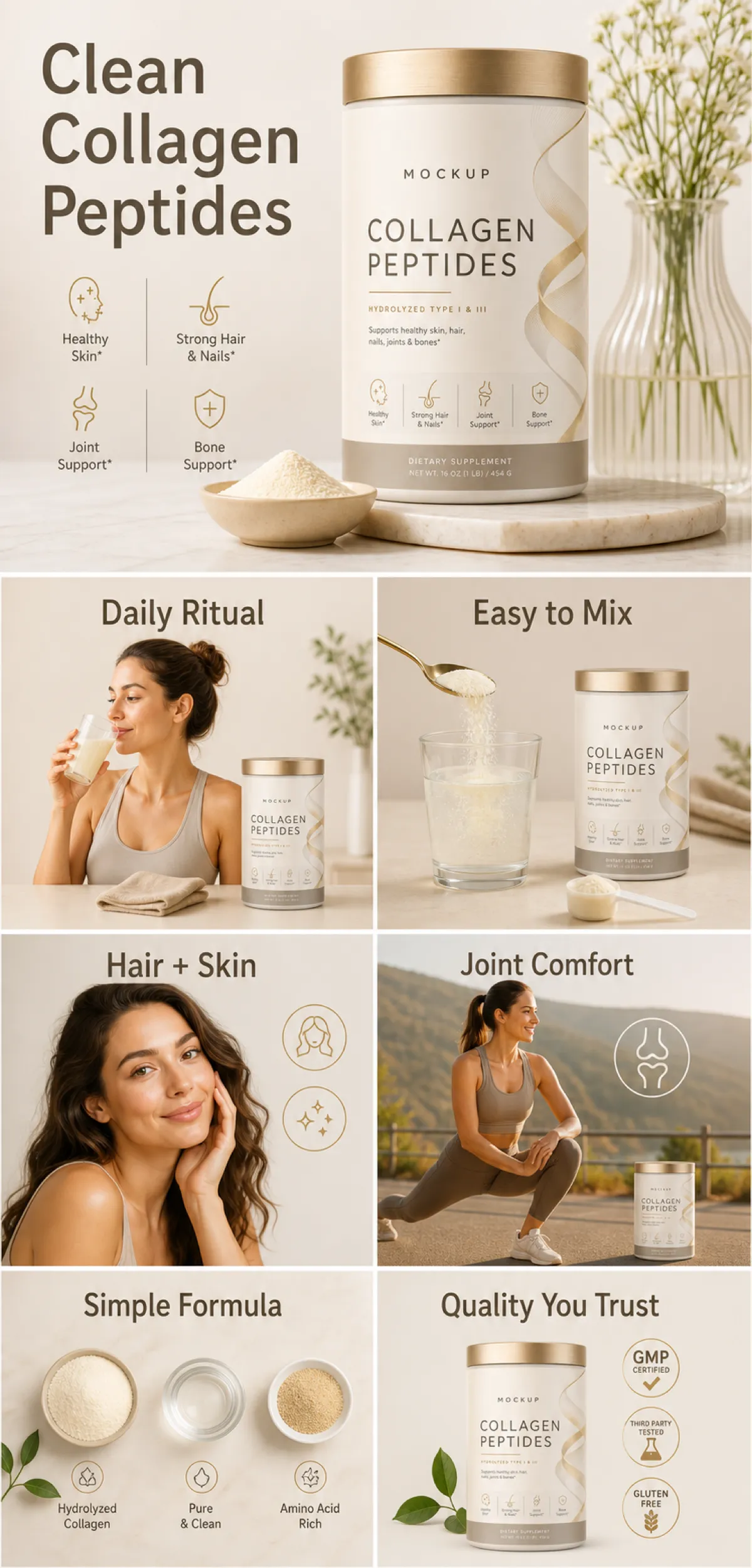 Clean Collagen Peptides Supplement Mockup Infographic｜AI Image Generation Prompts