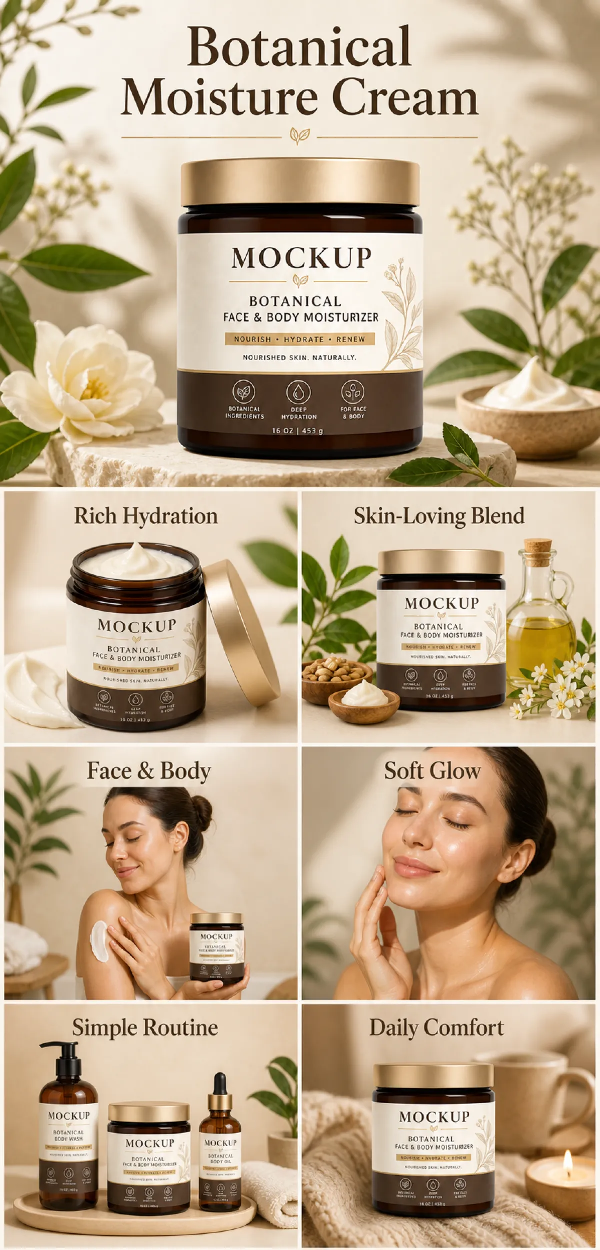 Botanical Face and Body Moisturizer Mockup Set｜AI Image Generation Prompts