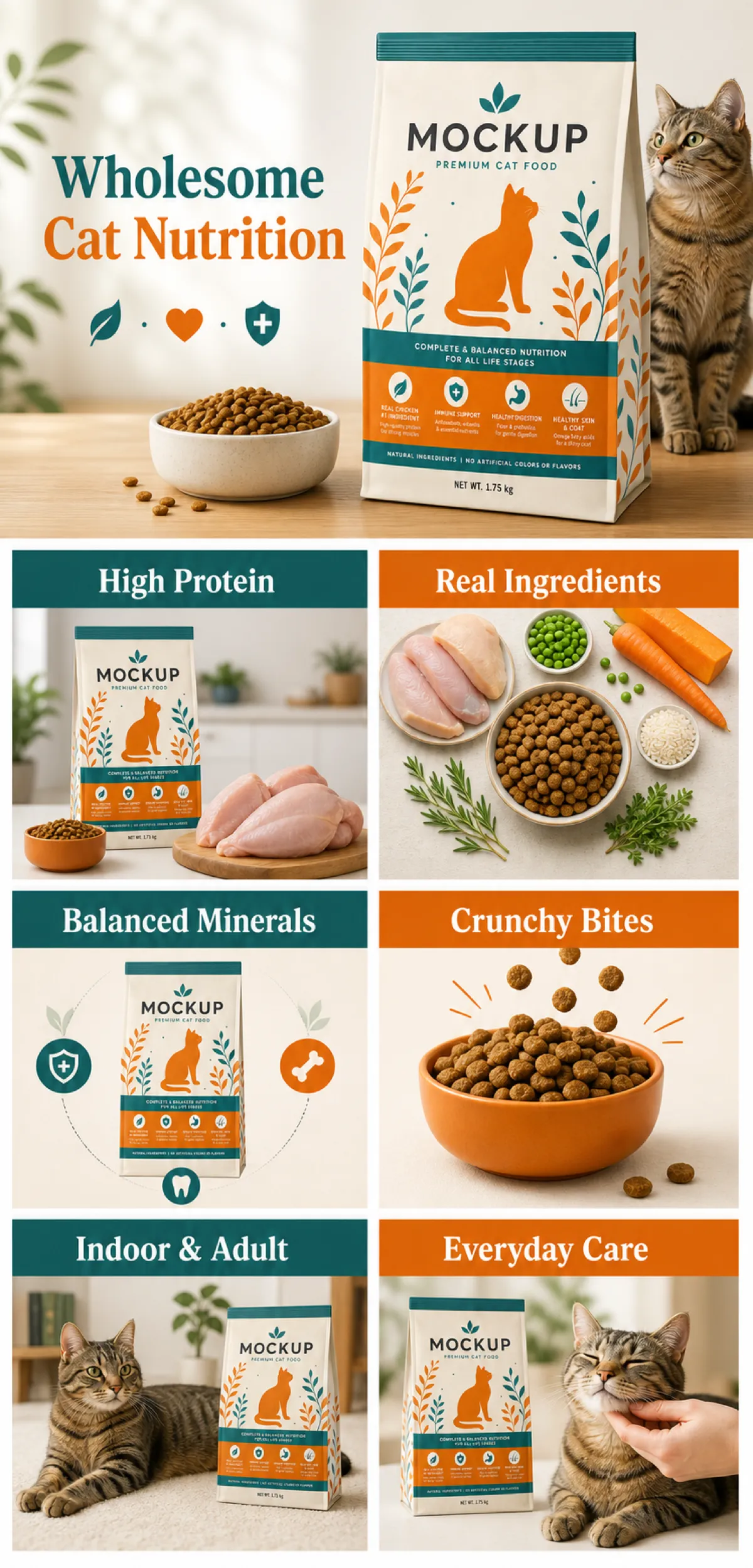 Wholesome Cat Nutrition Packaging Mockup Design｜AI Image Generation Prompts