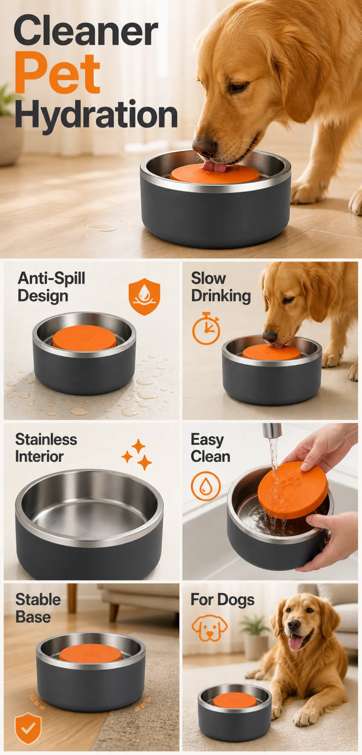 Anti-Spill Stainless Steel Dog Water Bowl for Clean Hydratio｜AI Image Generation Prompts