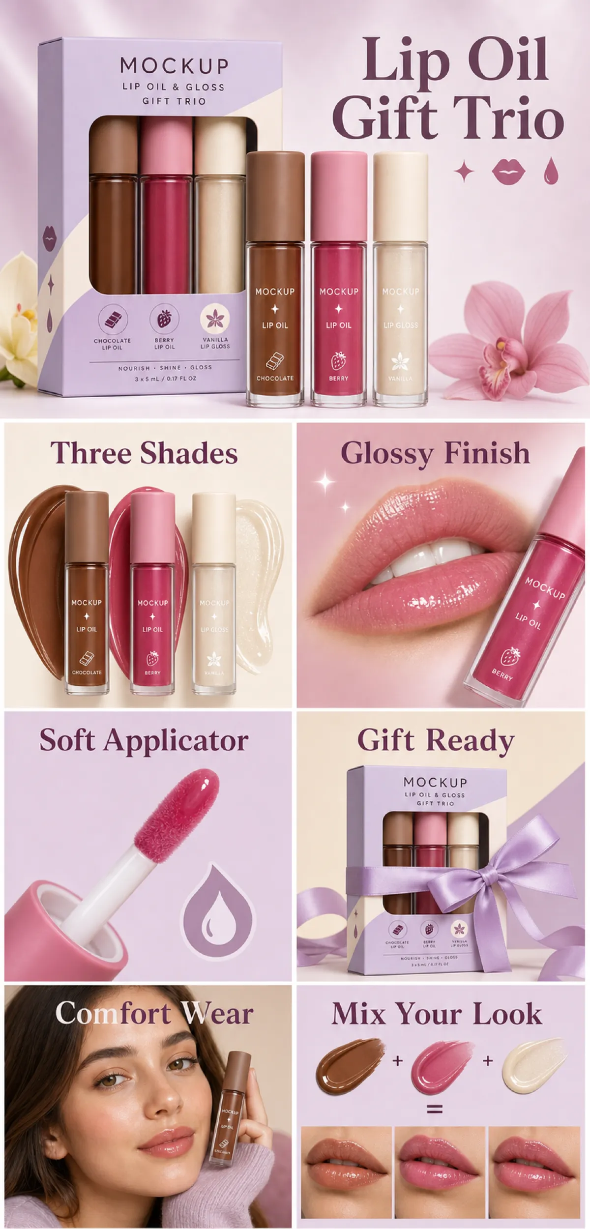 Lip Oil and Gloss Gift Trio Mockup｜AI Image Generation Prompts