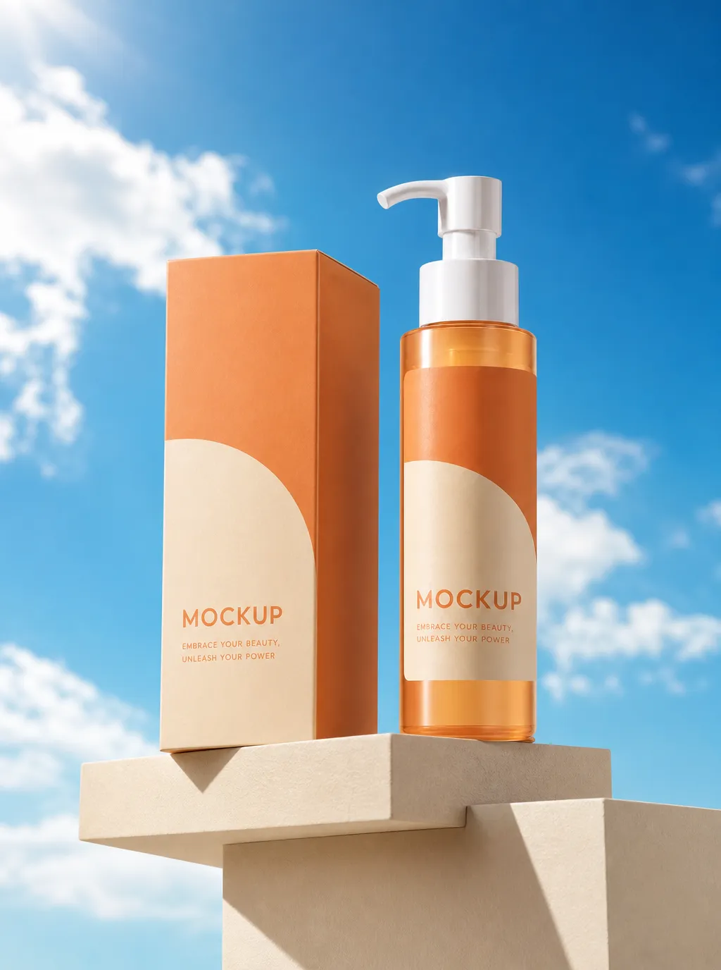 Orange cosmetic pump bottle and box mockup against blue sky｜AI Image Generation Prompts