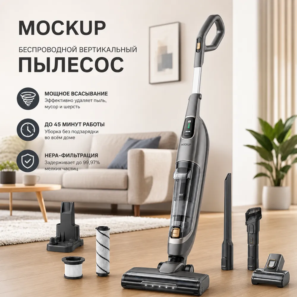 Cordless Vacuum Cleaner Mockup with Accessories｜AI Image Generation Prompts