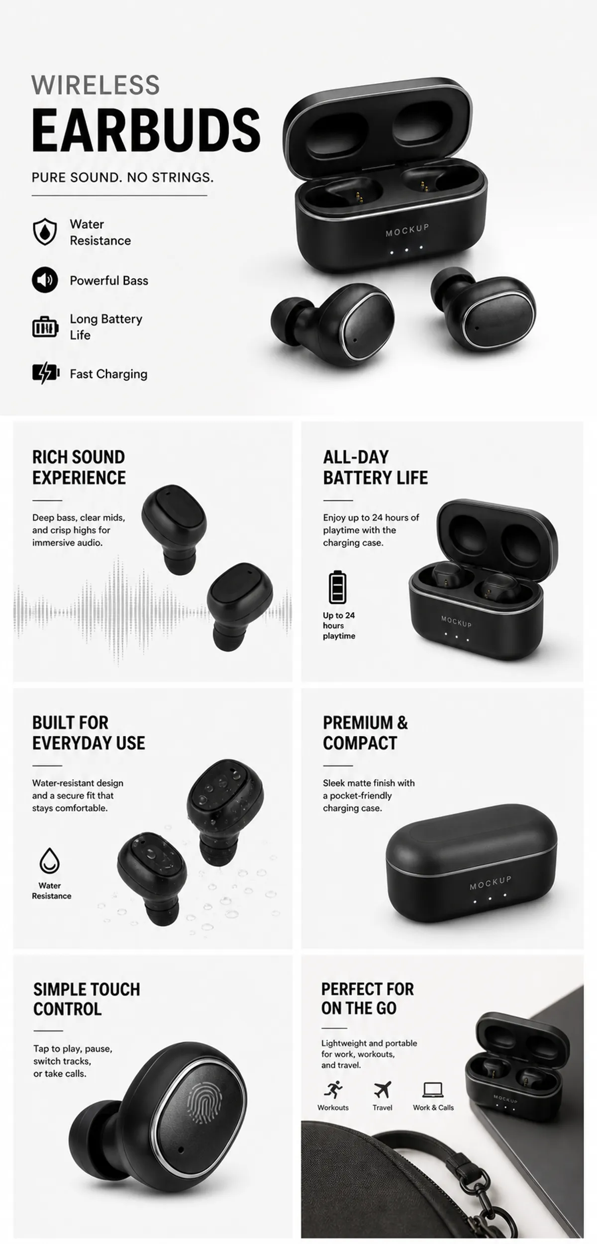 Black Wireless Earbuds Mockup Showing Key Features｜AI Image Generation Prompts