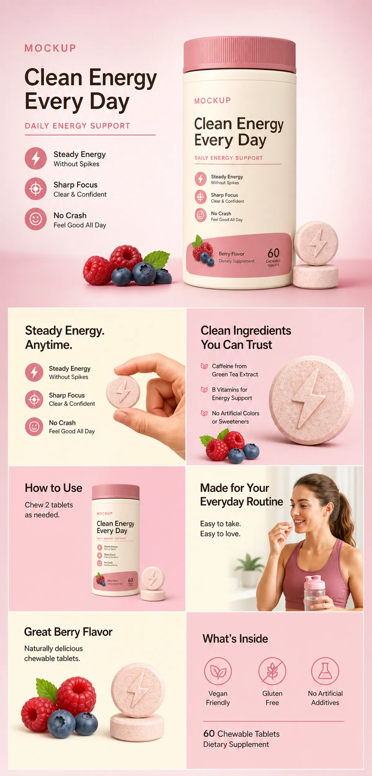 Clean Energy Every Day Berry Chewable Tablets Mockup｜AI Image Generation Prompts