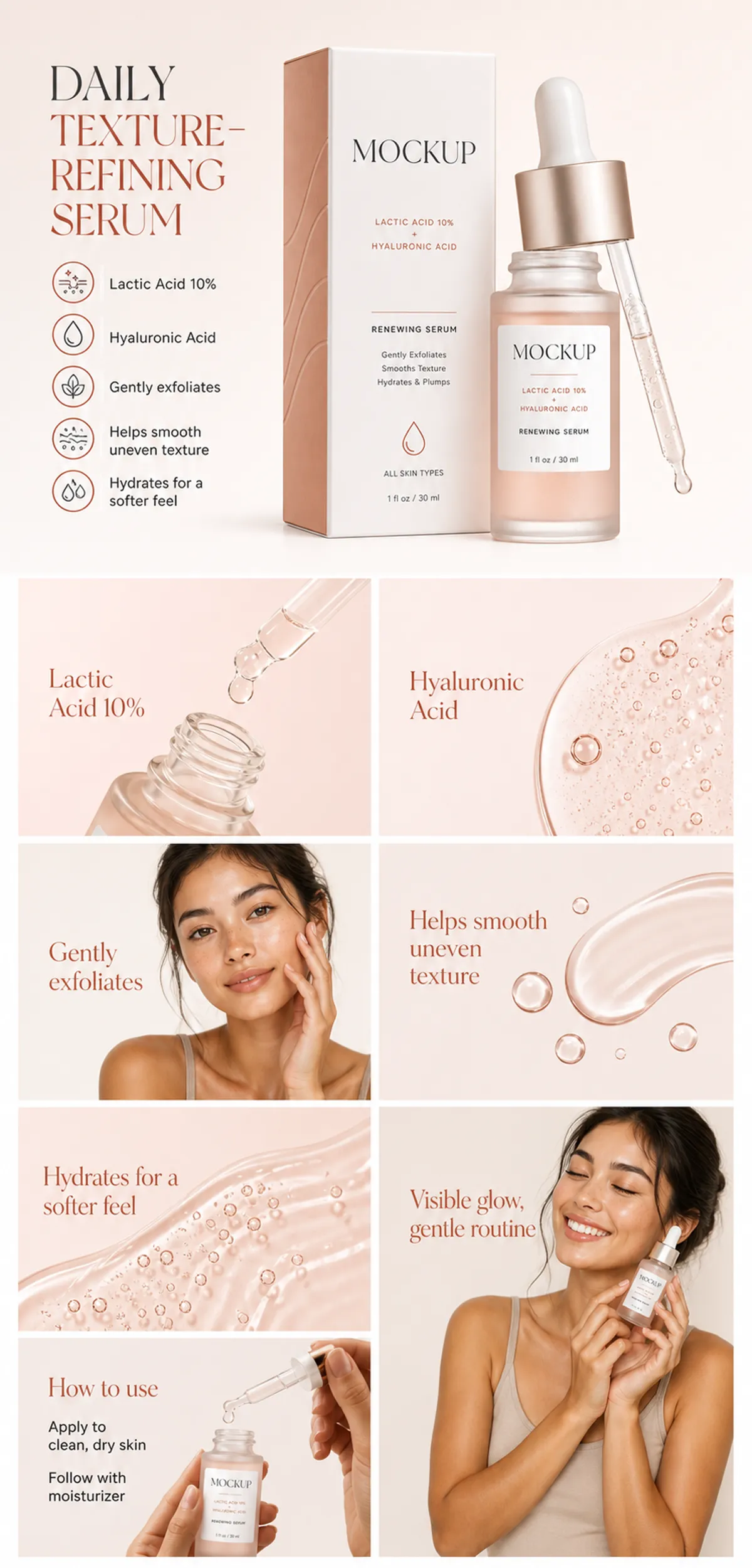 Daily Texture-Refining Serum Mockup with Lactic Acid｜AI Image Generation Prompts