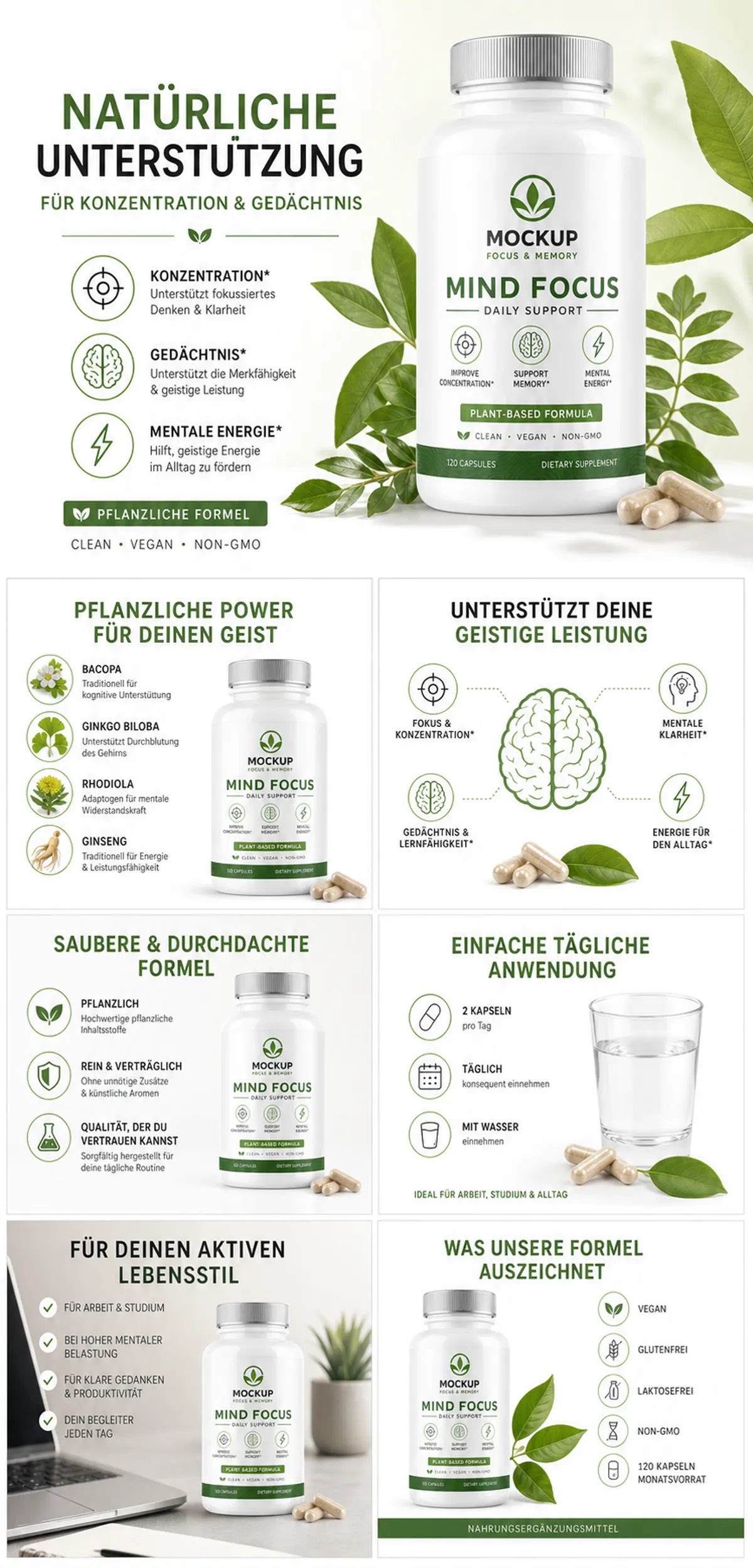 Mind Focus Plant-Based Dietary Supplement Bottle Mockup｜AI Image Generation Prompts