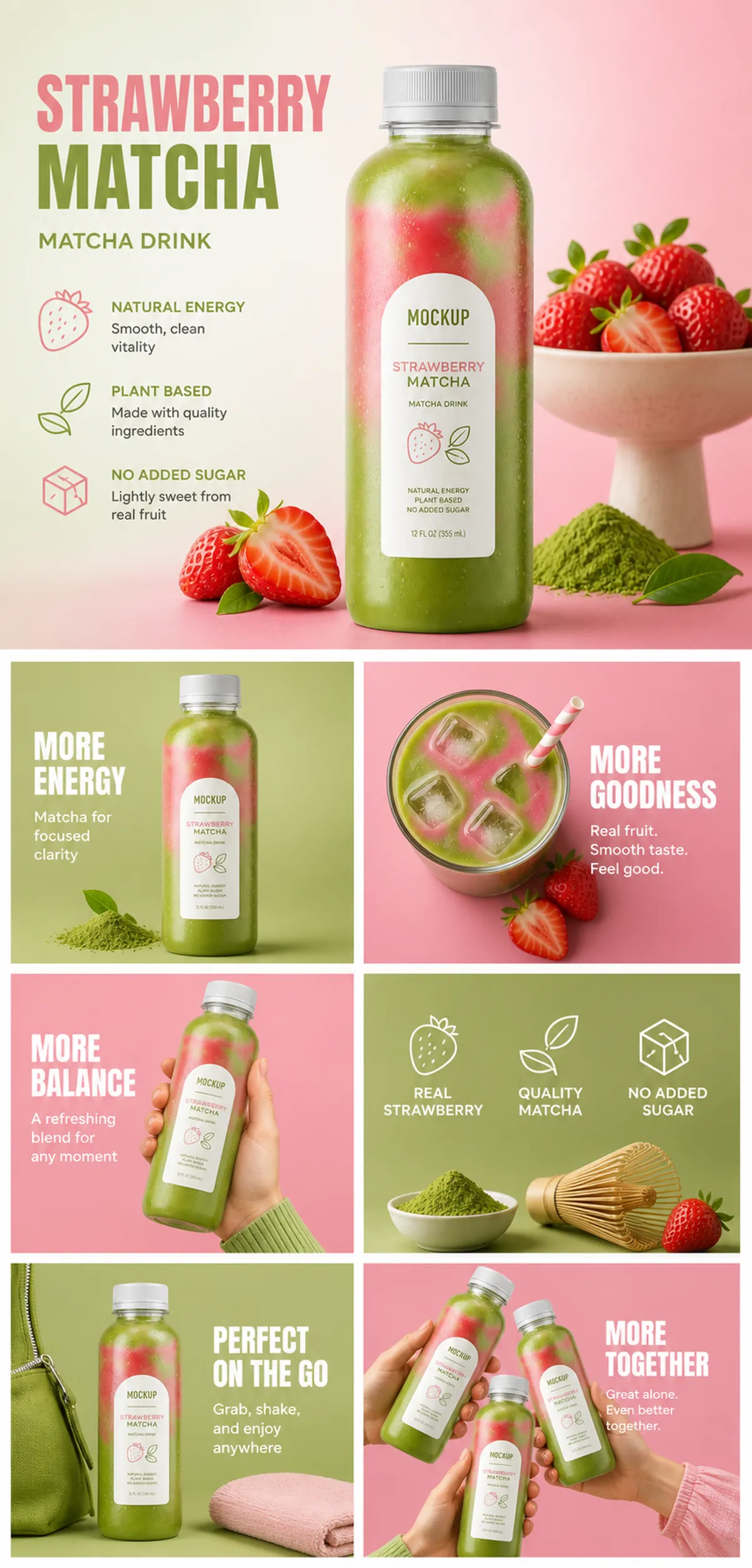 Strawberry Matcha Drink Bottle Mockup Design｜AI Image Generation Prompts