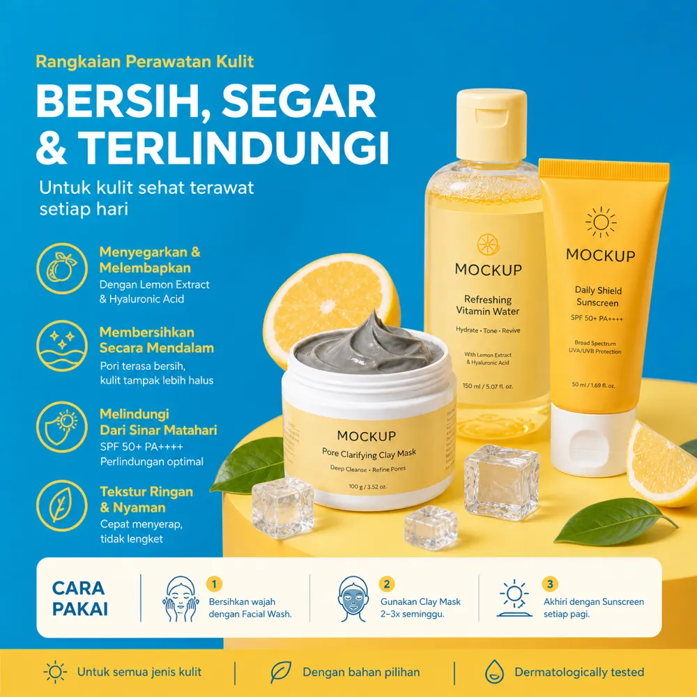 Skincare mockup with vitamin water, sunscreen, and clay mask｜AI Image Generation Prompts