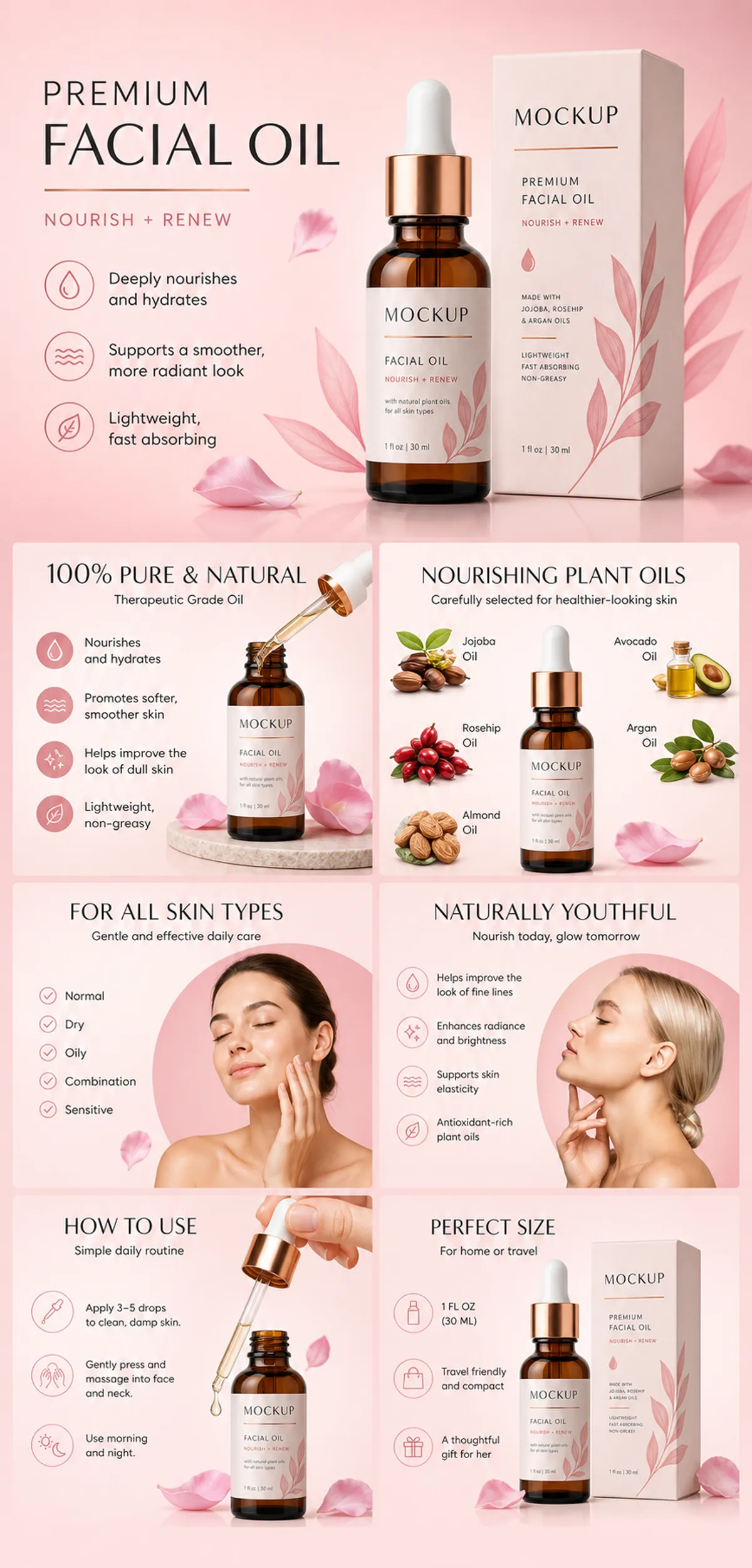 Premium Facial Oil Mockup Infographic Design｜AI Image Generation Prompts