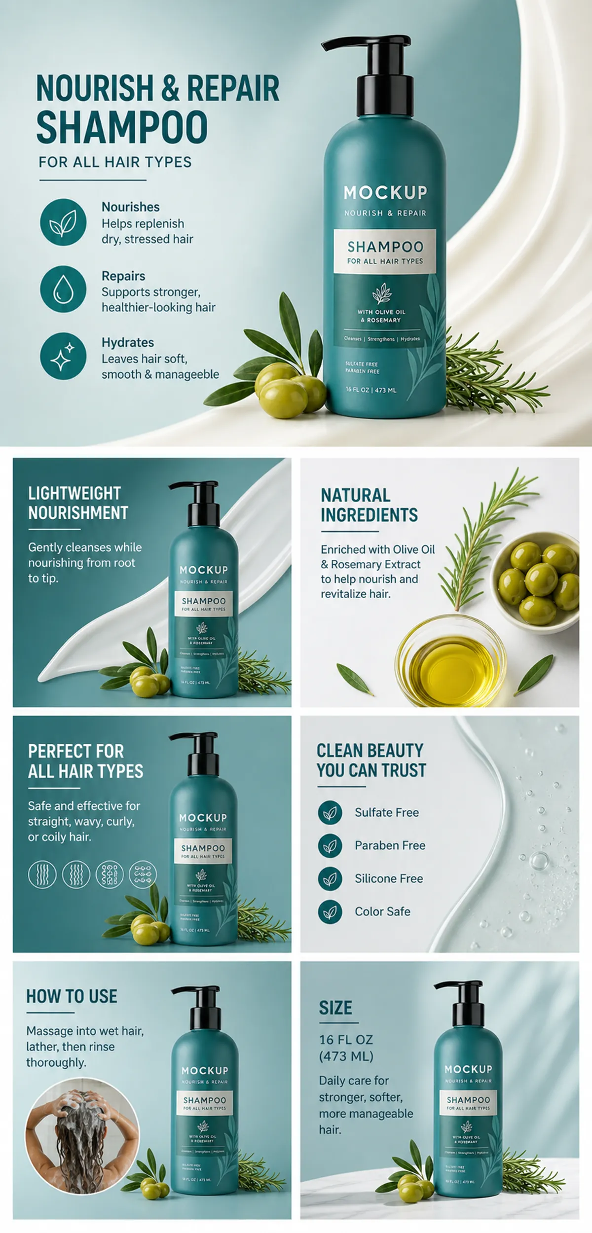 Nourish and Repair Shampoo Bottle Mockup Infographic｜AI Image Generation Prompts