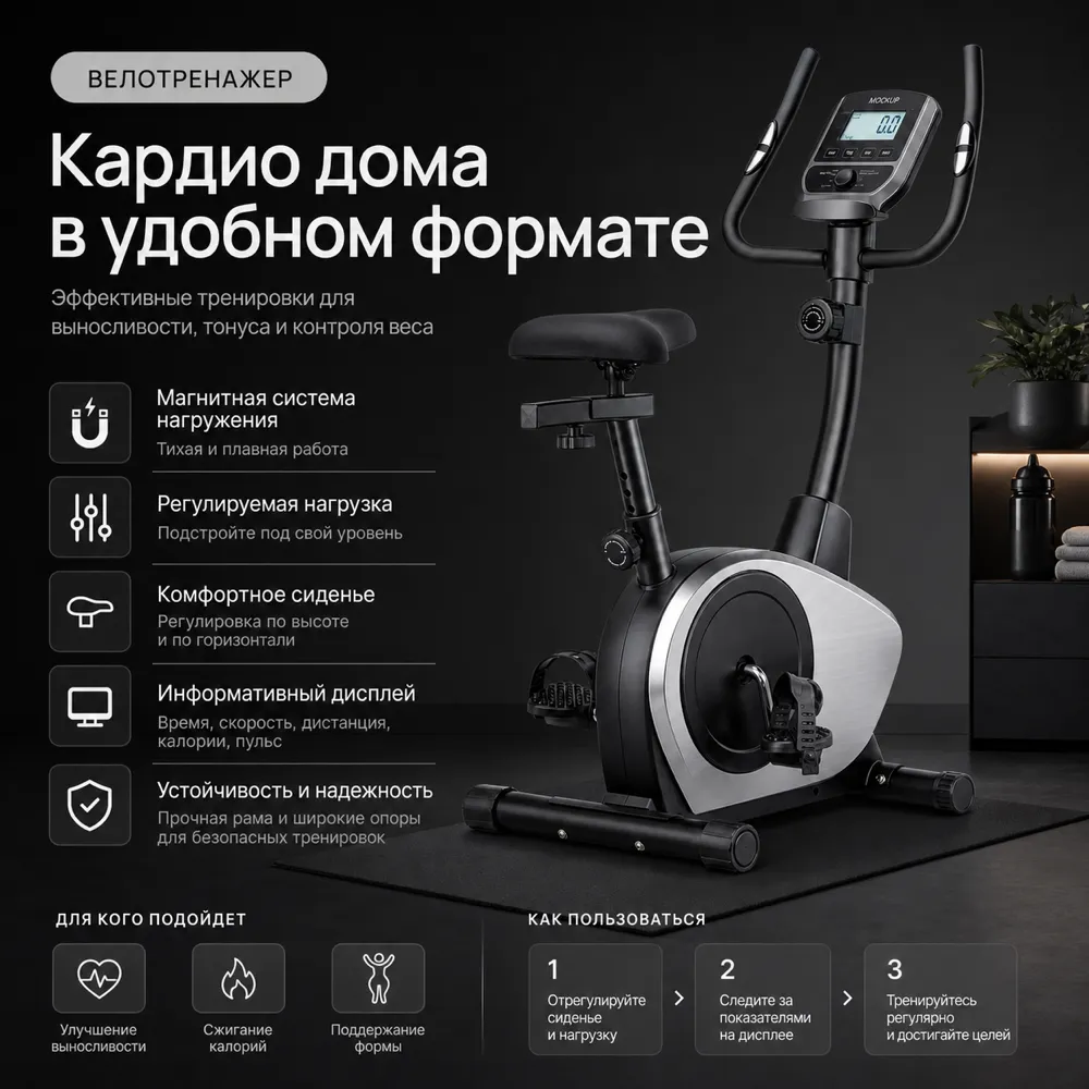 Black stationary exercise bike for home cardio｜AI Image Generation Prompts