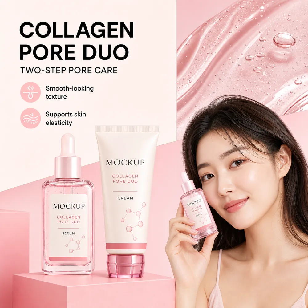 Collagen Pore Duo Skincare Mockup with Woman｜AI Image Generation Prompts