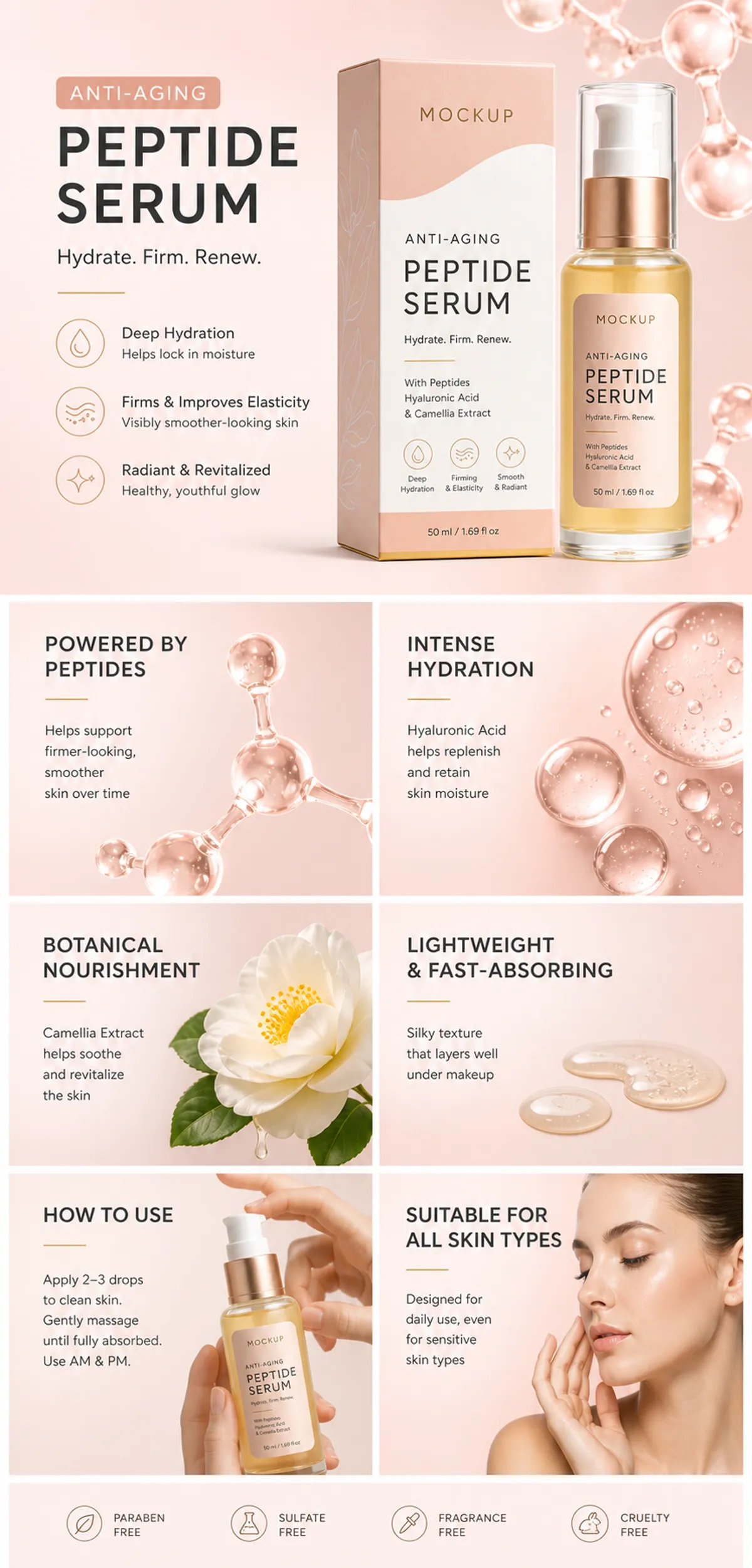 Anti-Aging Peptide Serum Product Mockup Infographic｜AI Image Generation Prompts