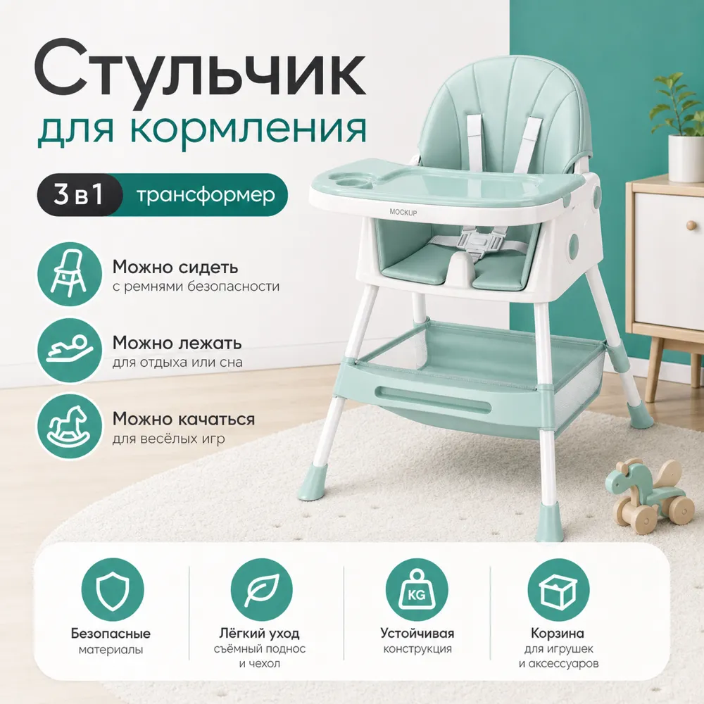 Mint Green 3-in-1 Baby High Chair with Storage Basket｜AI Image Generation Prompts
