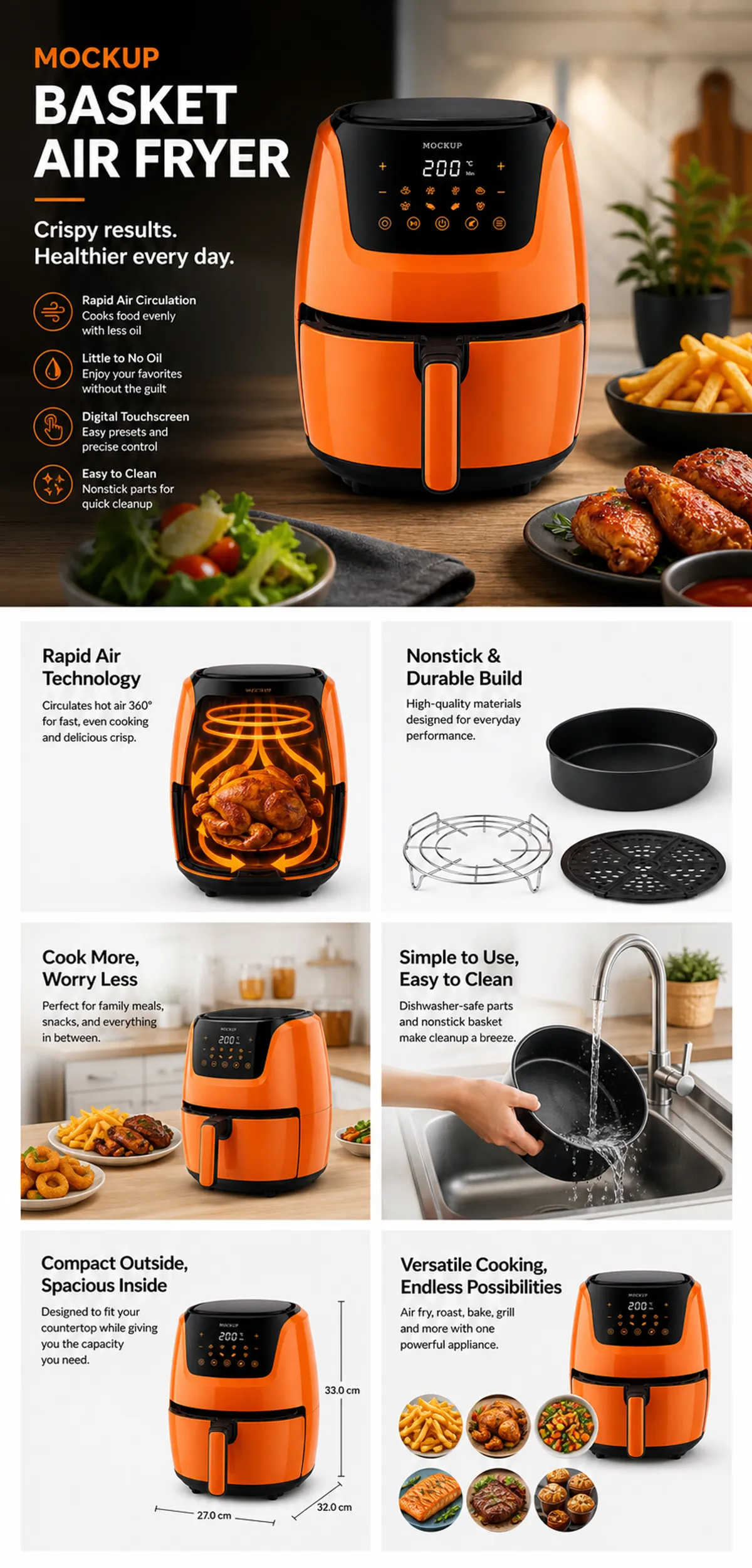 Orange Basket Air Fryer Mockup and Features｜AI Image Generation Prompts