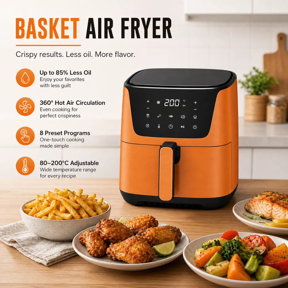 Orange Basket Air Fryer with Digital Display｜AI Image Generation Prompts