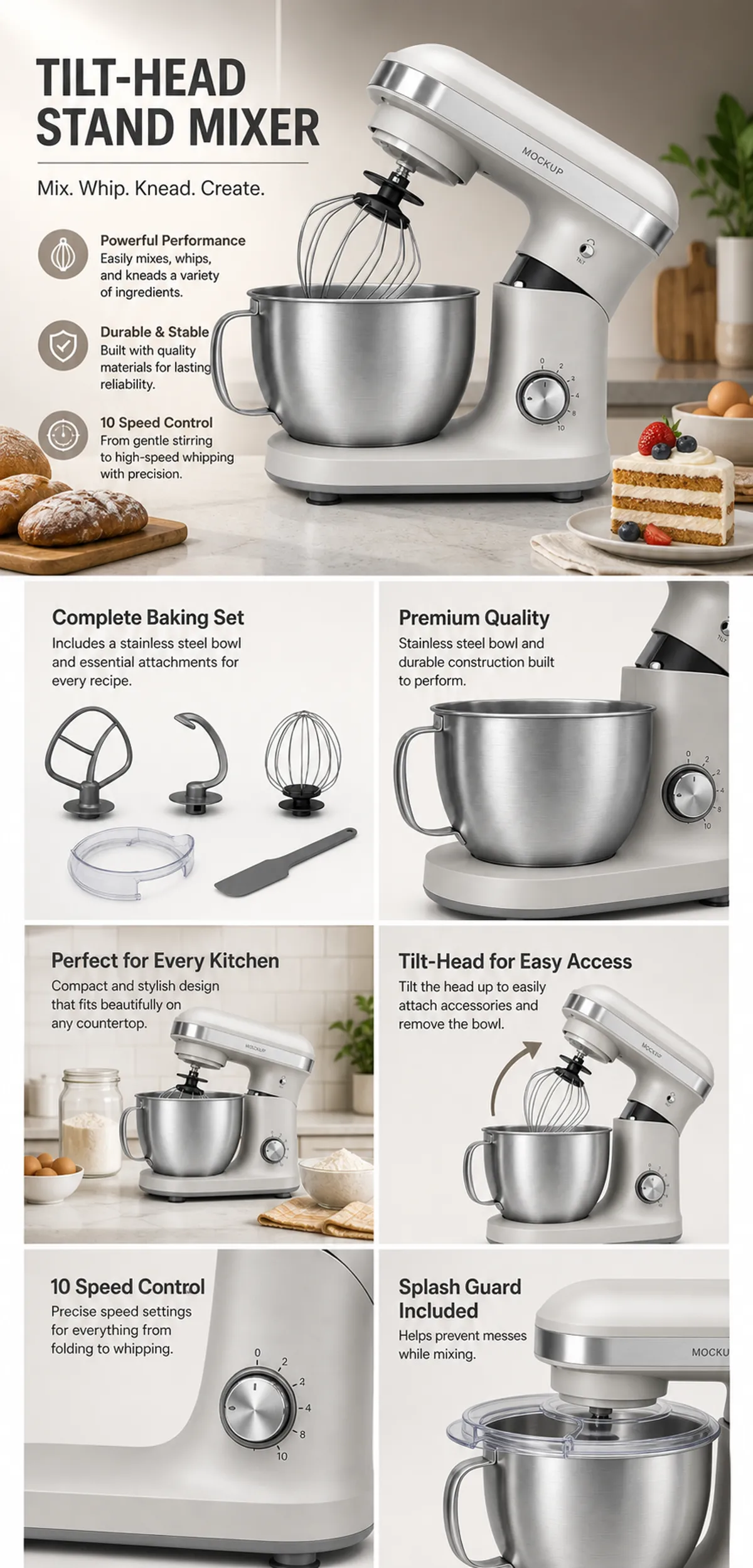 Tilt-Head Stand Mixer with 10 Speeds and Attachments｜AI Image Generation Prompts