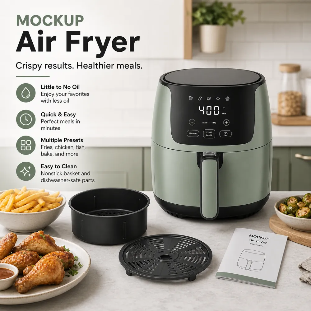 Green Air Fryer Mockup with Food and Accessories｜AI Image Generation Prompts
