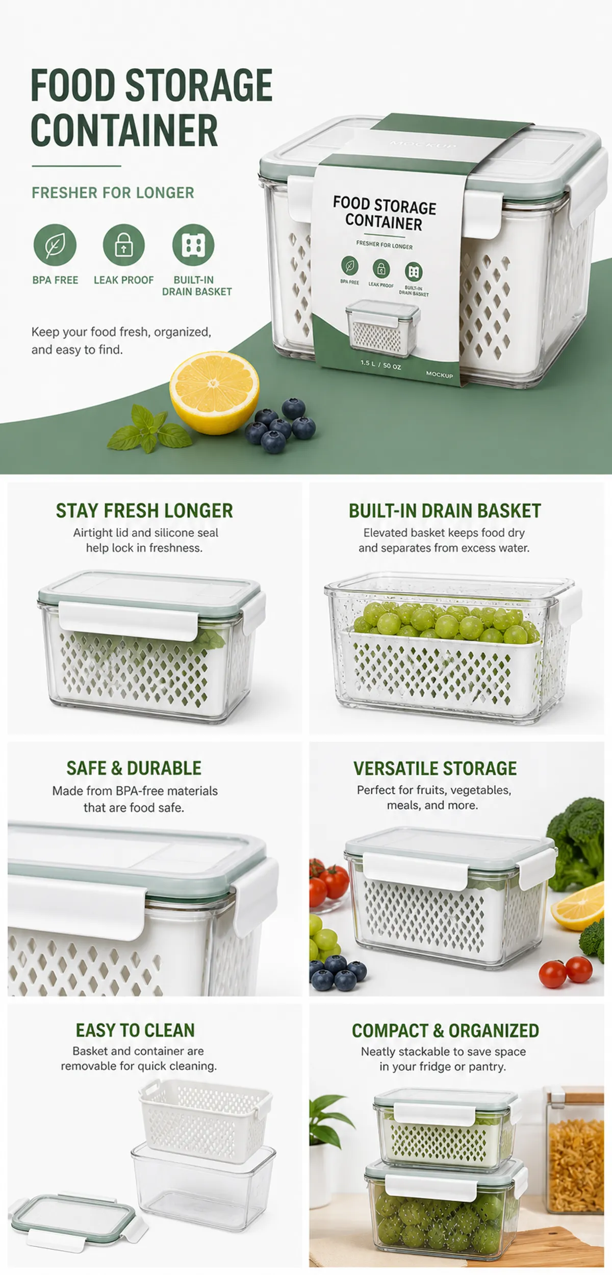 Food Storage Container with Built-in Drain Basket｜AI Image Generation Prompts