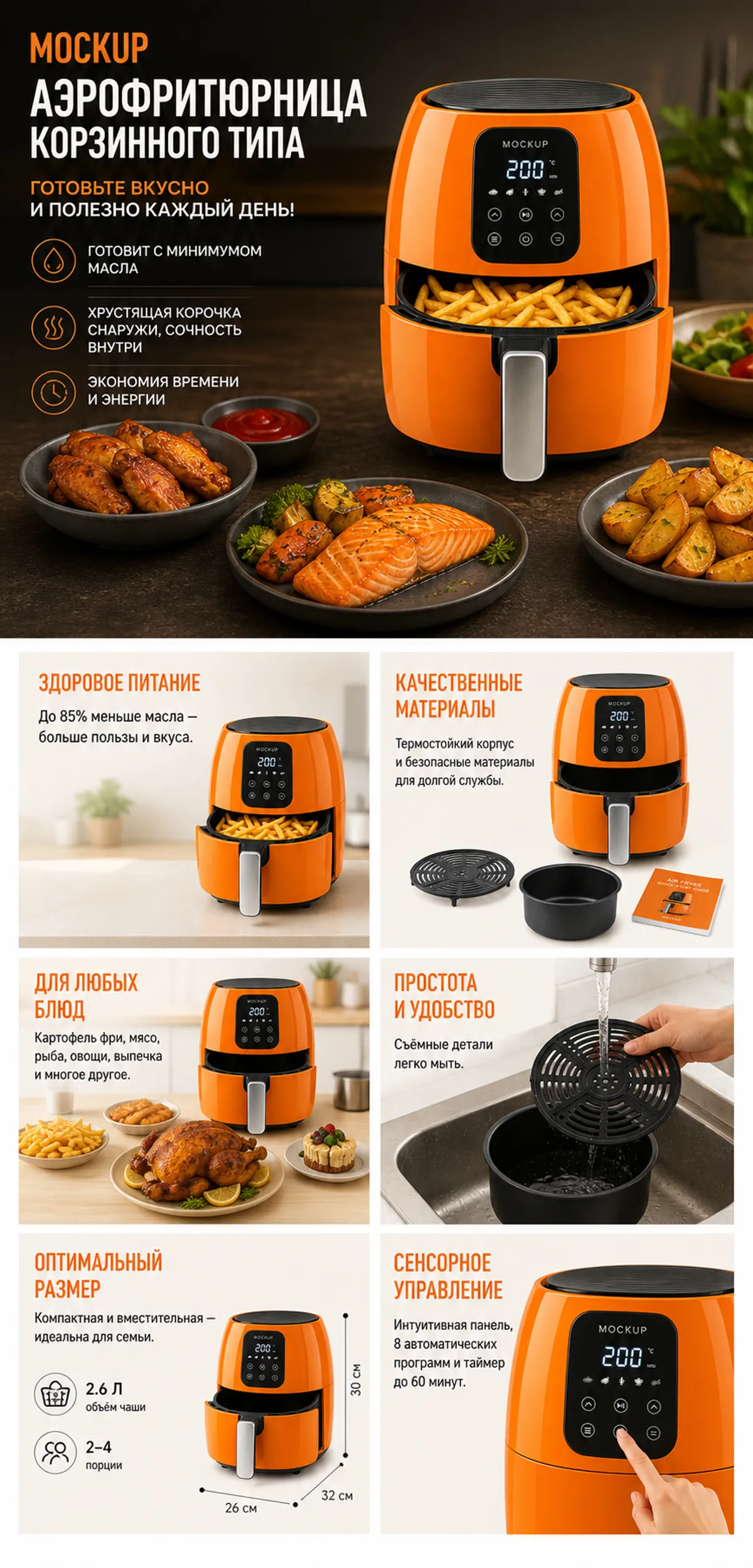 Orange Air Fryer Basket Mockup Infographic｜AI Image Generation Prompts