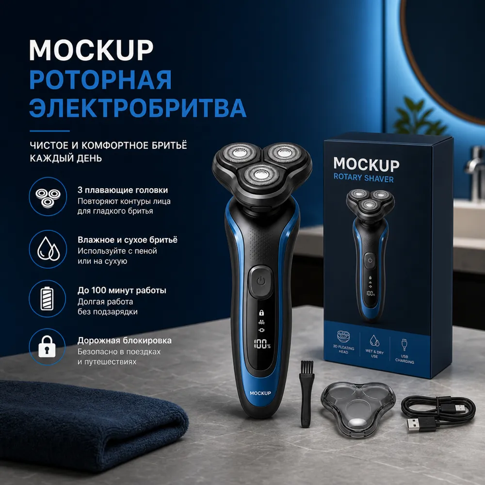 Rotary Electric Shaver Mockup with Packaging Box｜AI Image Generation Prompts
