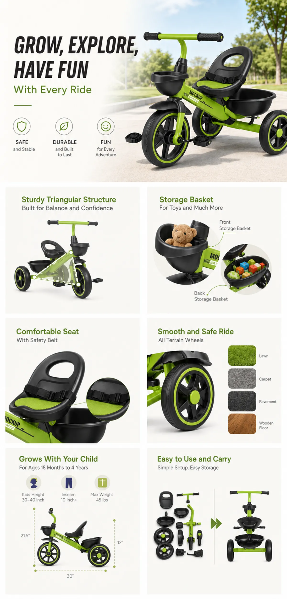 Green Kids Tricycle with Storage Baskets and Safety Seat｜AI Image Generation Prompts