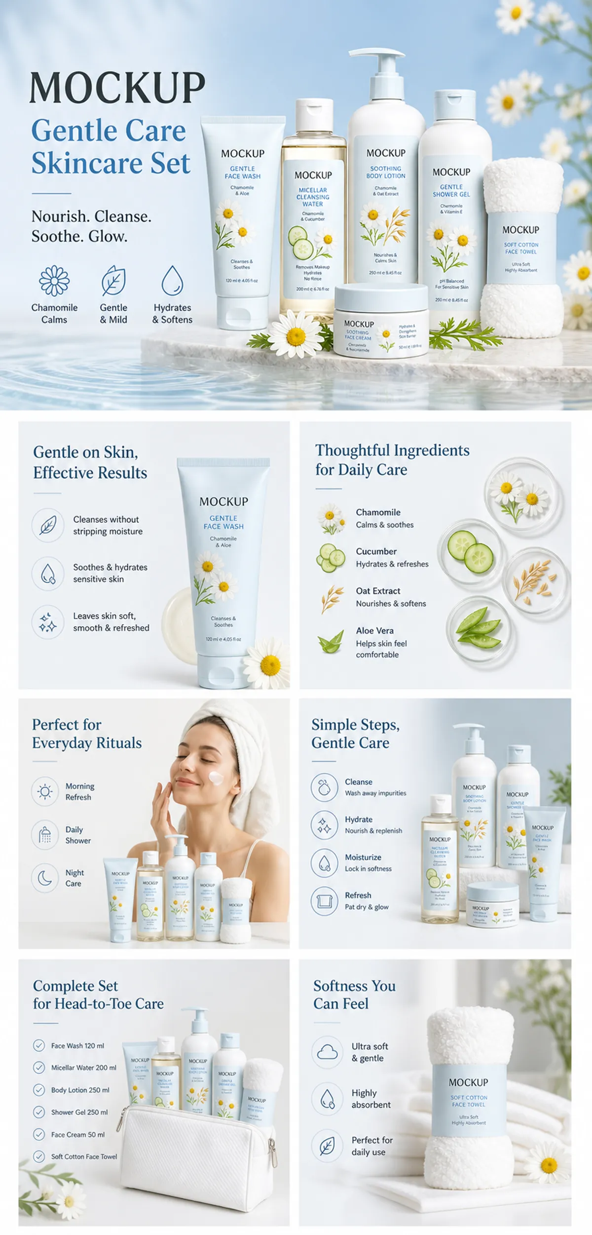 Gentle Care Skincare Set Mockup Presentation Layout｜AI Image Generation Prompts