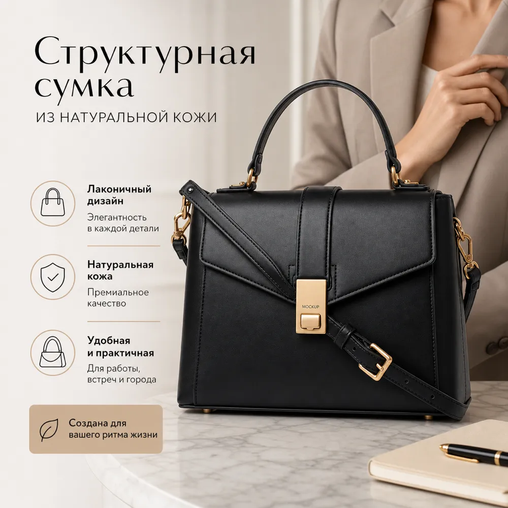 Black Structured Leather Handbag Mockup｜AI Image Generation Prompts