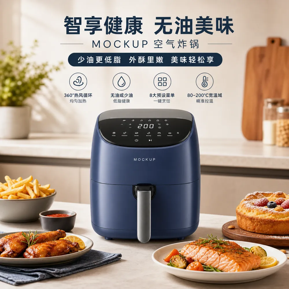 Blue Air Fryer with Cooked Food on Kitchen Counter｜AI Image Generation Prompts