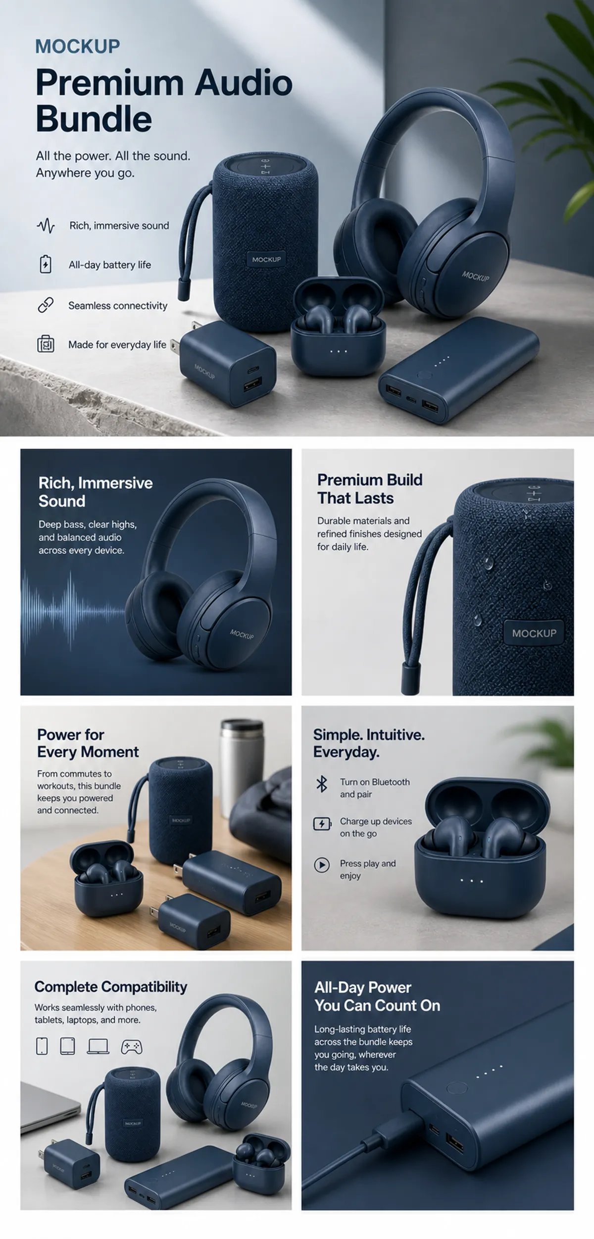 Navy Blue Premium Audio Bundle Mockup｜AI Image Generation Prompts