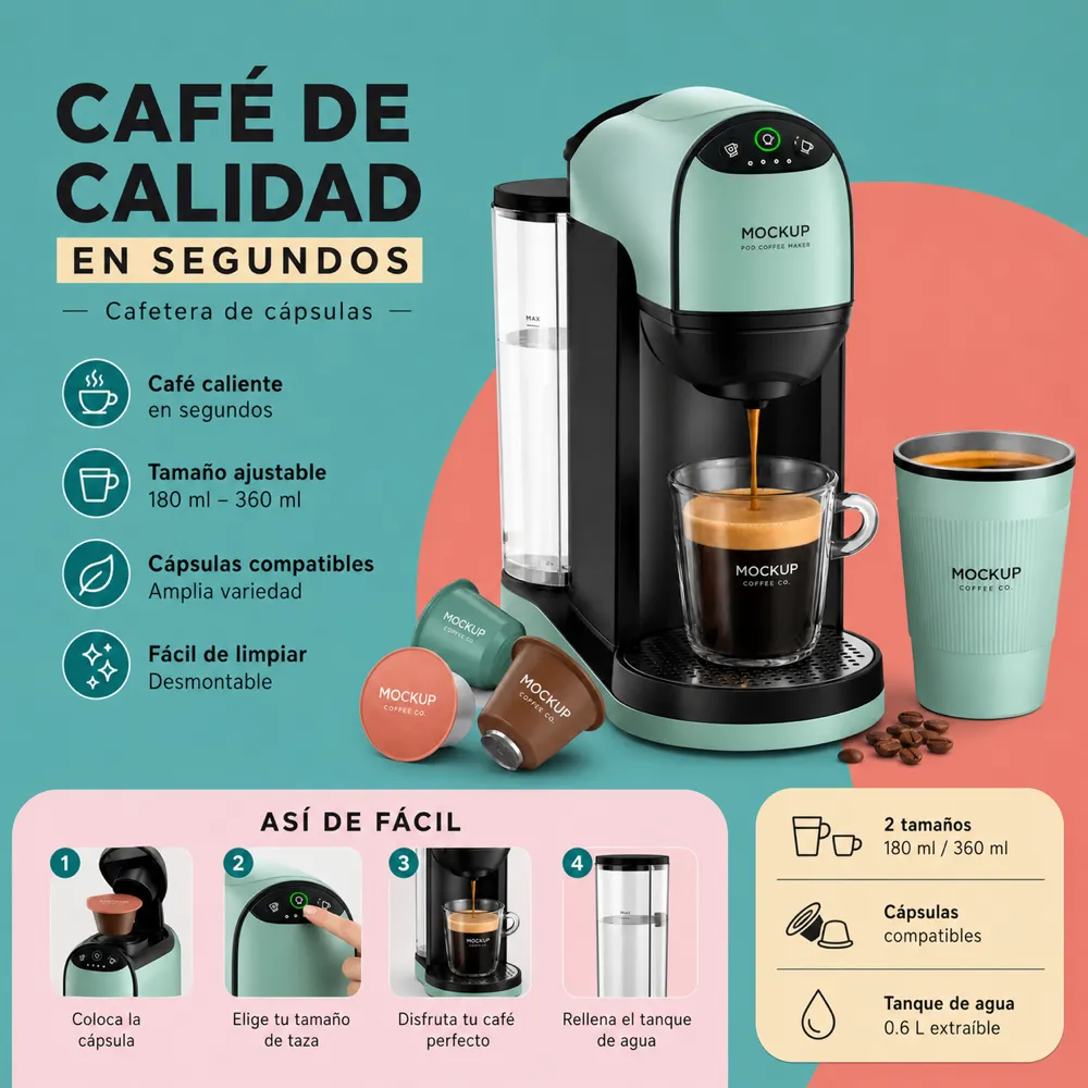 Mint Green Pod Coffee Maker Mockup Infographic｜AI Image Generation Prompts
