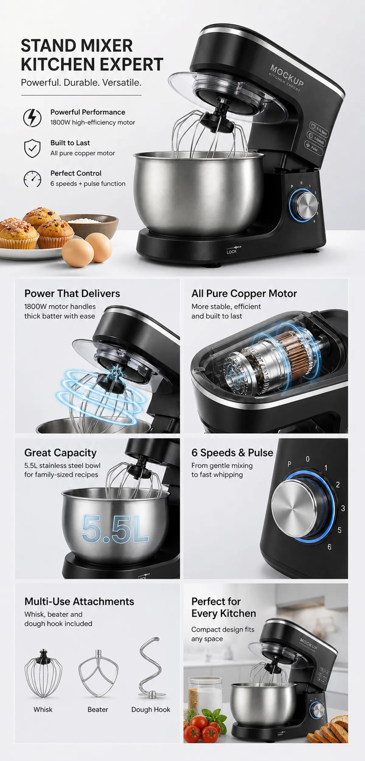 Black Stand Mixer with 1800W Motor and 5.5L Bowl｜AI Image Generation Prompts