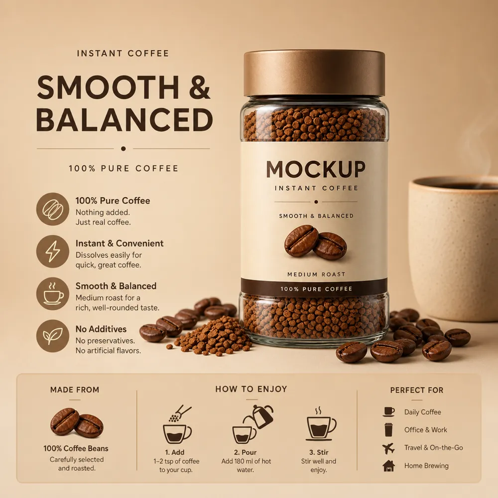 Smooth and Balanced Instant Coffee Jar Mockup Design｜AI Image Generation Prompts