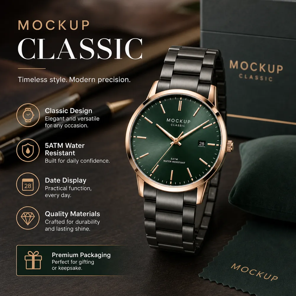 Classic Watch Mockup with Green Dial and Black Band｜AI Image Generation Prompts