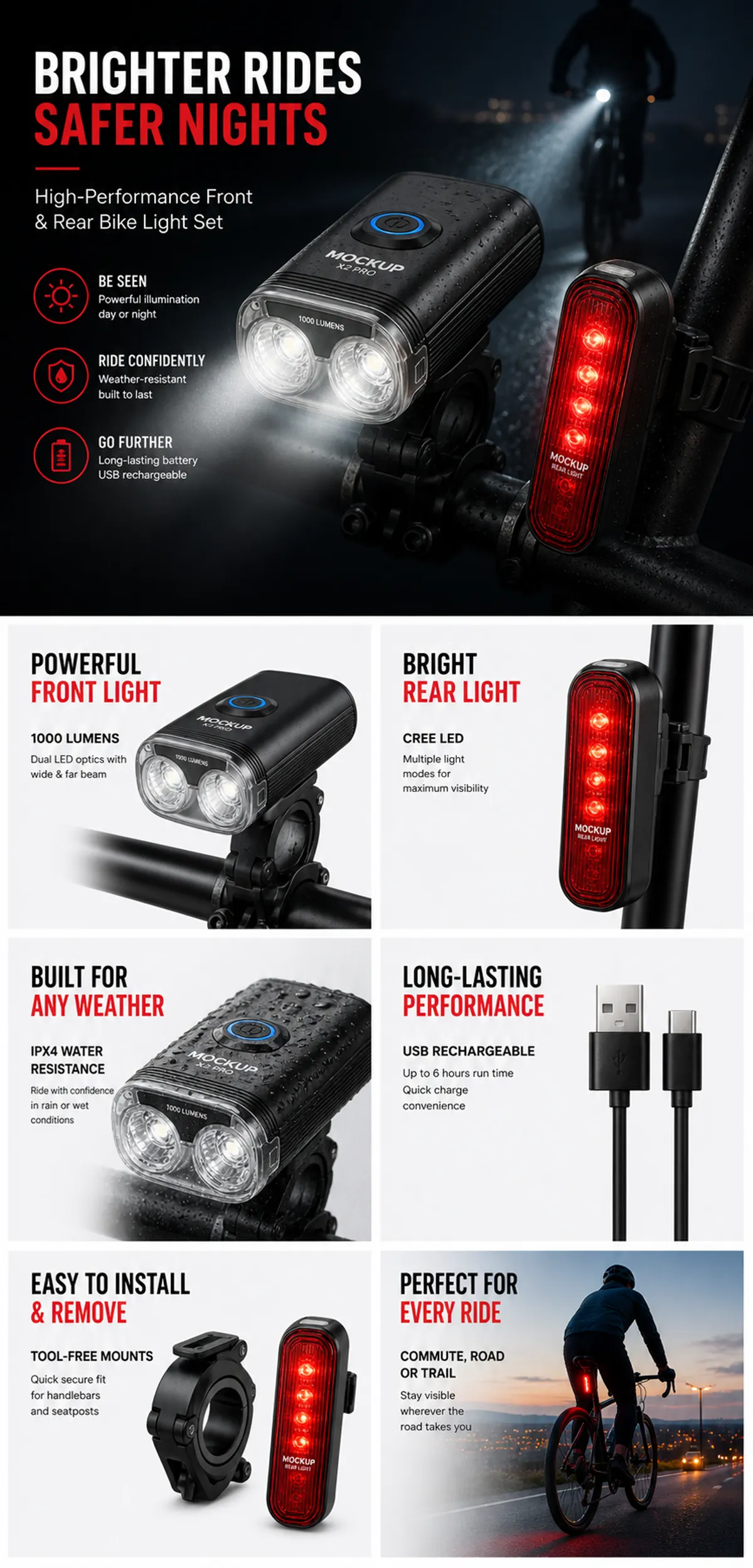 High-Performance Front and Rear Bike Light Set｜AI Image Generation Prompts